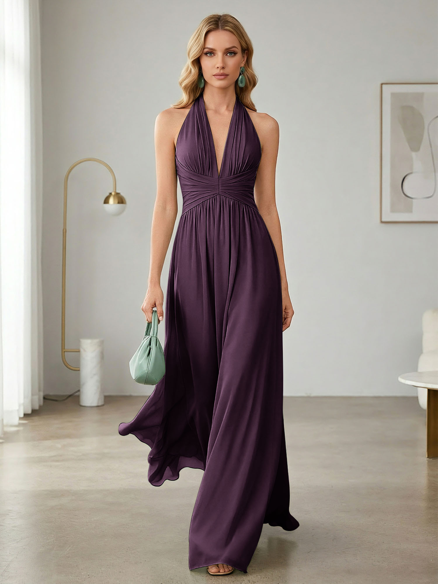 Elegant Sage Green Halter Chiffon Maxi Gown