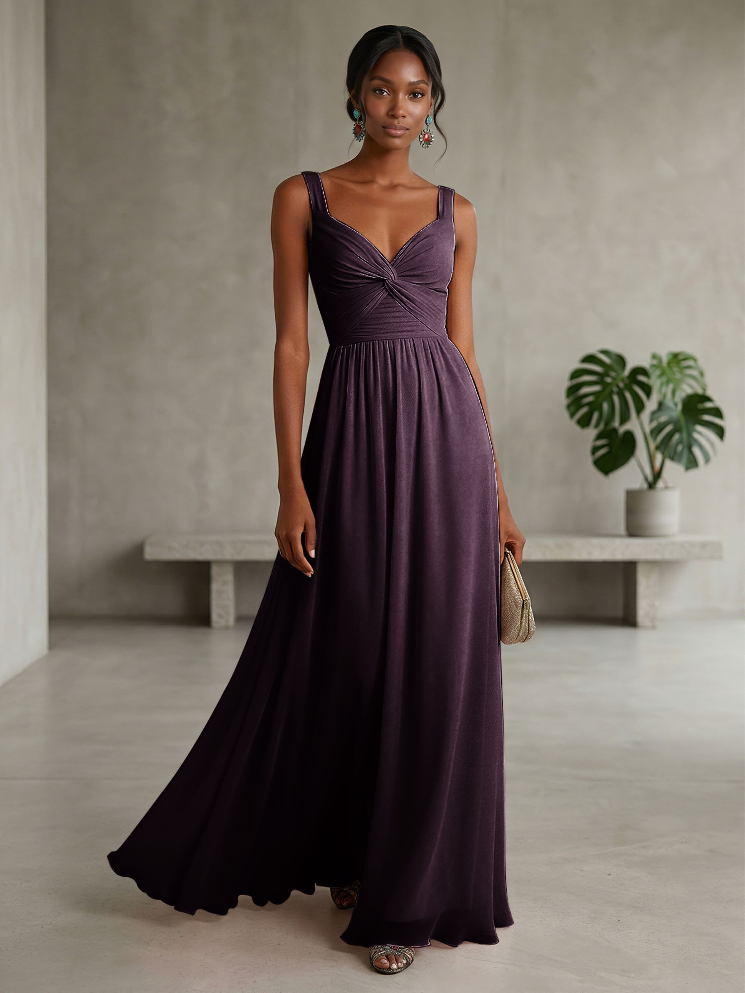 Elegant Soft Blush Twist-Front Chiffon Maxi Gown