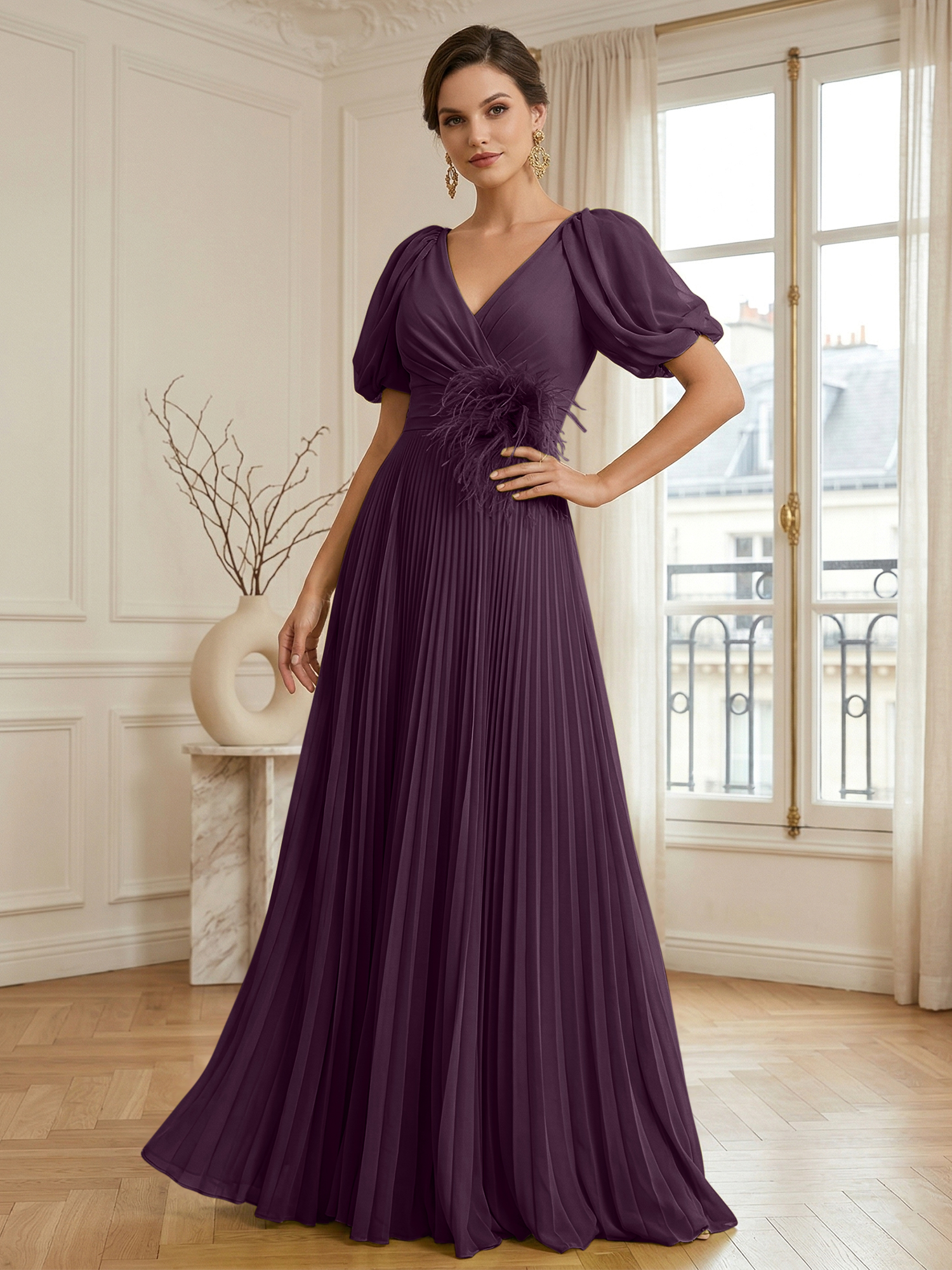 A-Line Chiffon Evening Gown with Feather V-Neck Short Sleeves Formal Dress