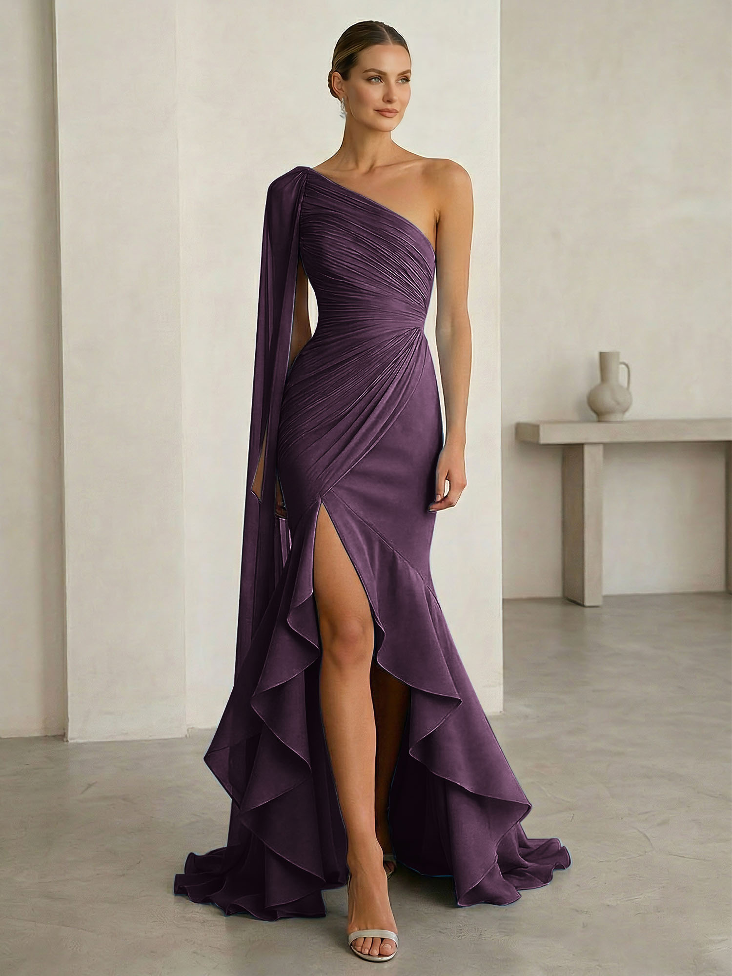One-Shoulder Cape Sleeve Draped Mermaid Gown with Ruffle Hem