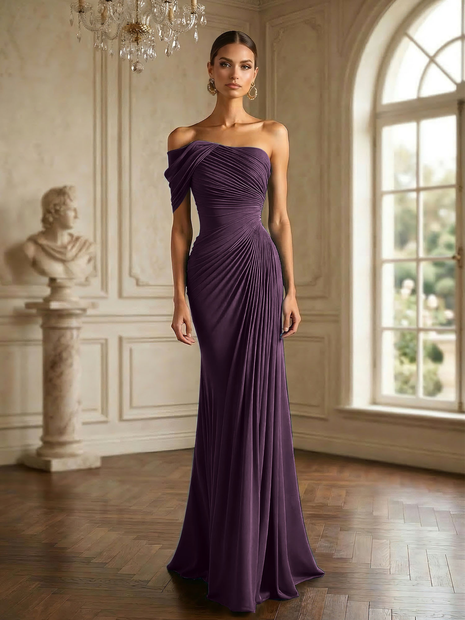 One Shoulder Pleat Mermaid Chiffon Evening Dresses for Women Gown