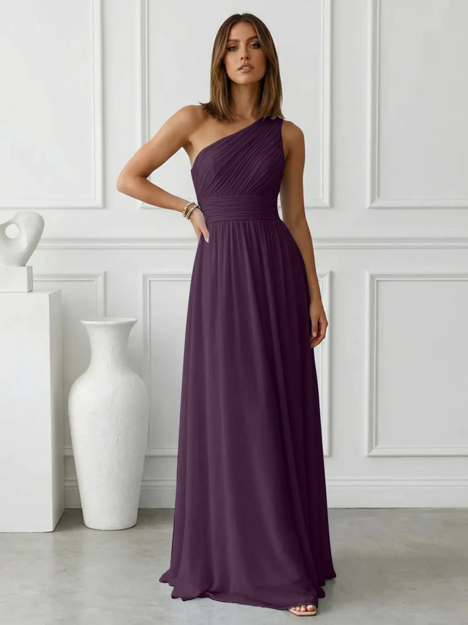 One-Shoulder Pleated Chiffon A-Line Evening Dress