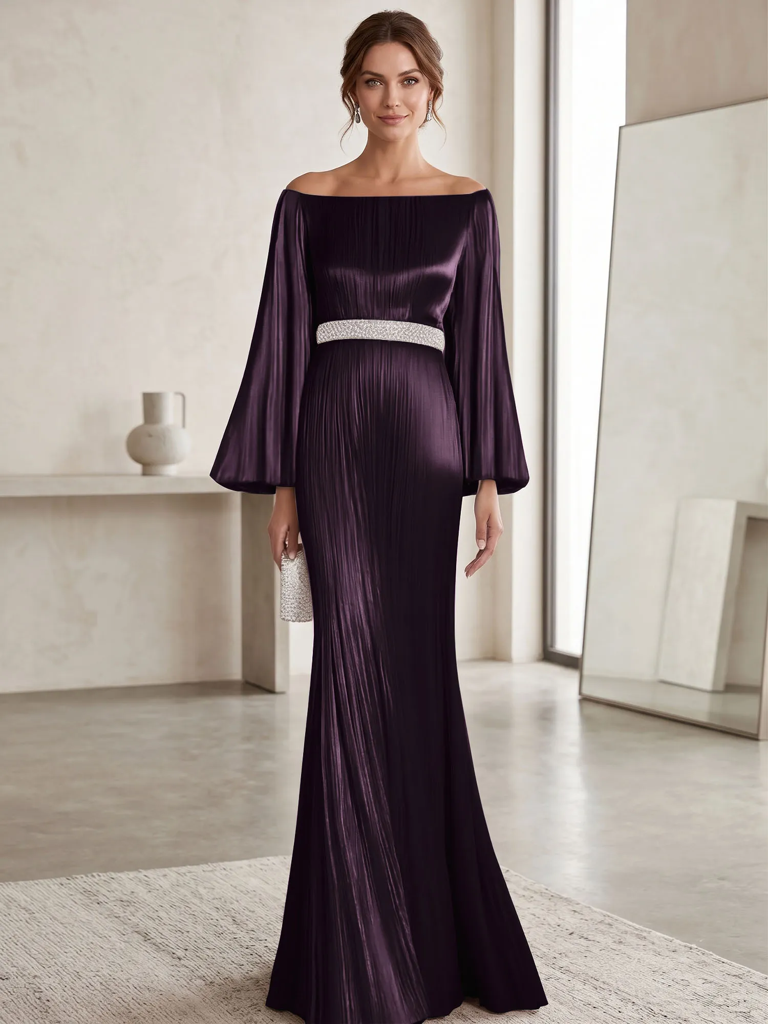 Off-the-Shoulder Pleated Satin Evening Gown with Beaded Waistband