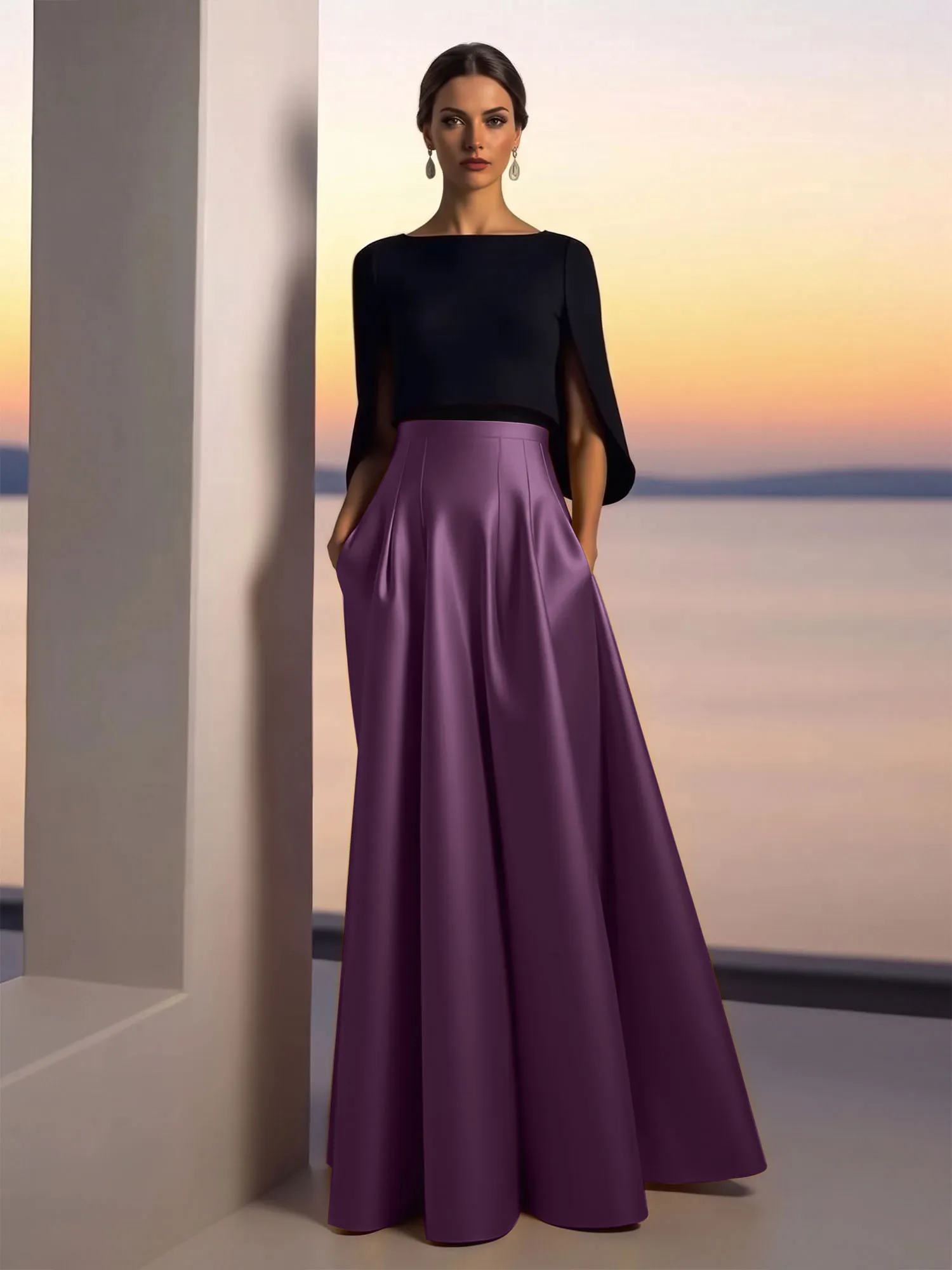Two-Piece Cape Sleeve Satin Ball Gown Evening Dress