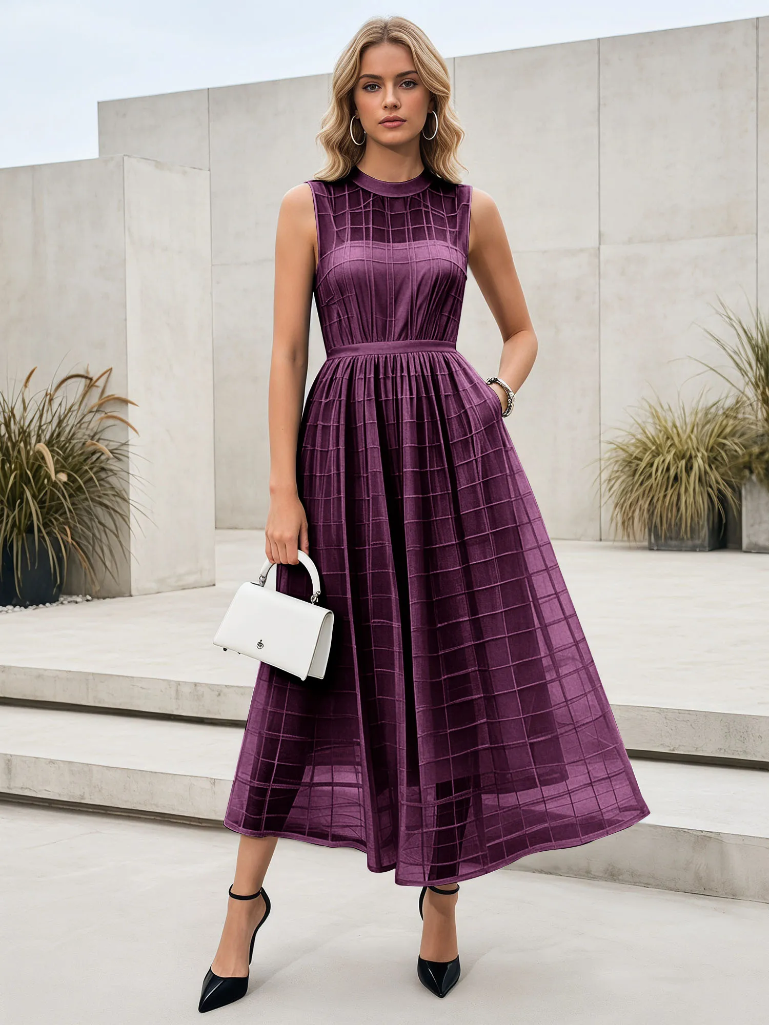 Sleeveless Grid Mesh A-Line Midi Evening Dress