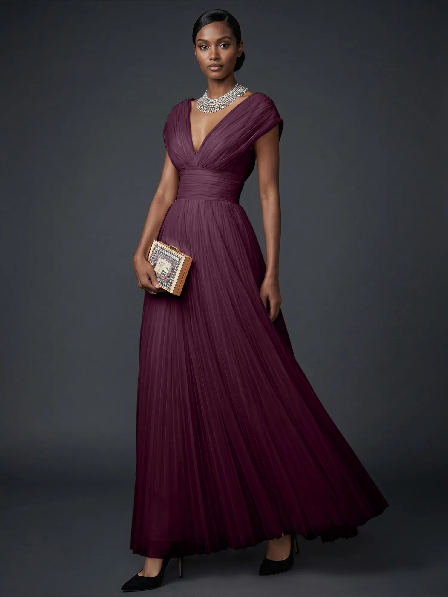 Draped V-Neck Pleated Tulle Evening Gown Maxi Dress