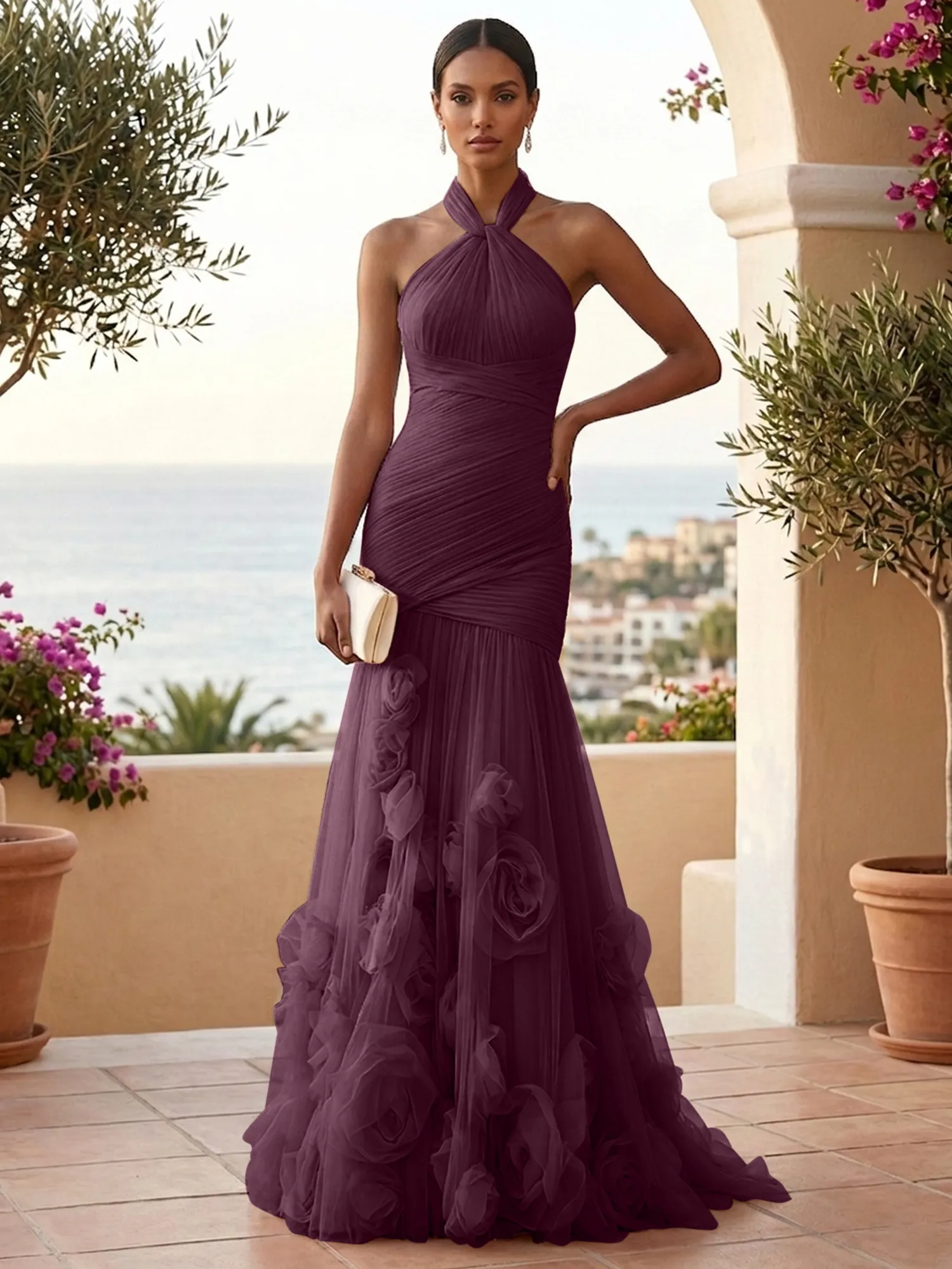 Halter Neck Ruched Tulle Mermaid Gown with 3D Floral Appliqués