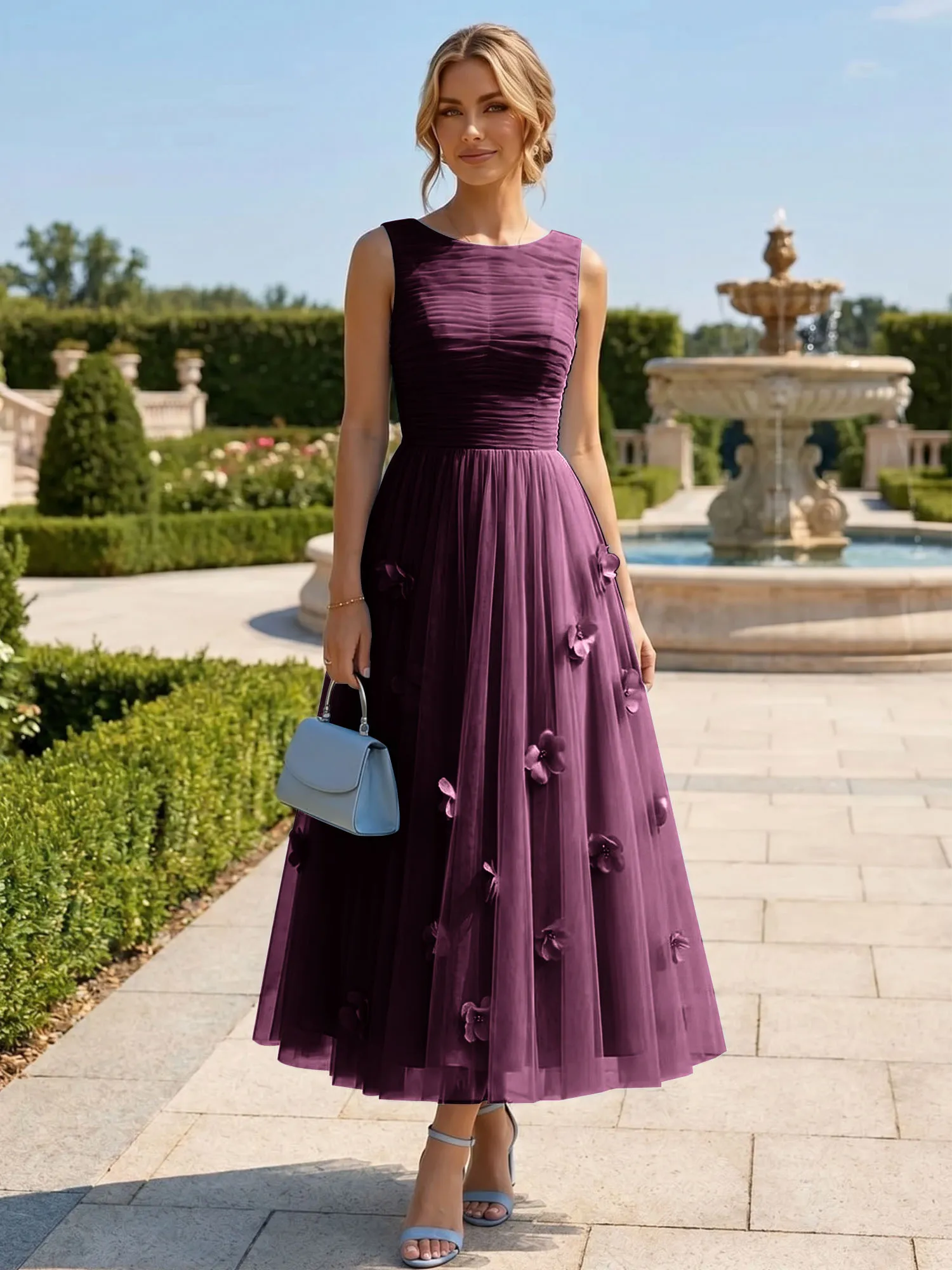 A Line Sleeveless Tulle Midi Dress with 3D Floral Appliqués
