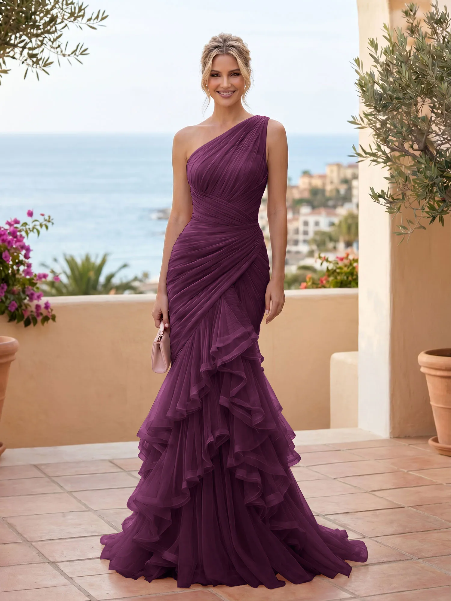 One-Shoulder Ruched Tulle Mermaid Evening Gown