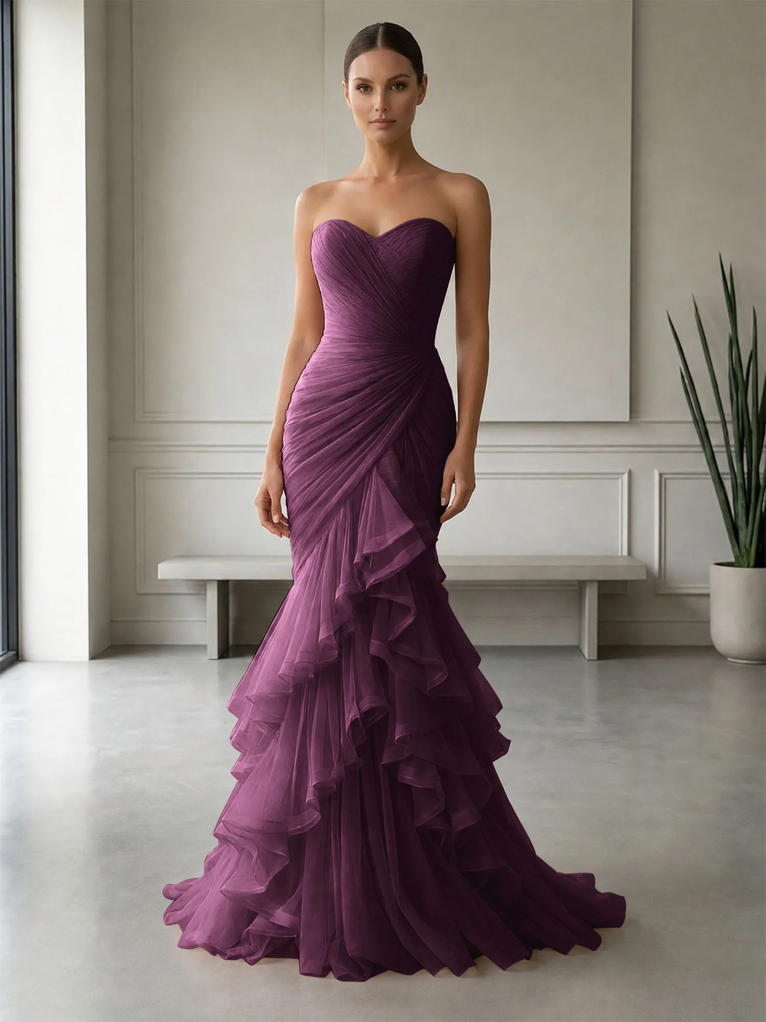 Strapless Ruched Tulle Mermaid Evening Gown Maxi Dress