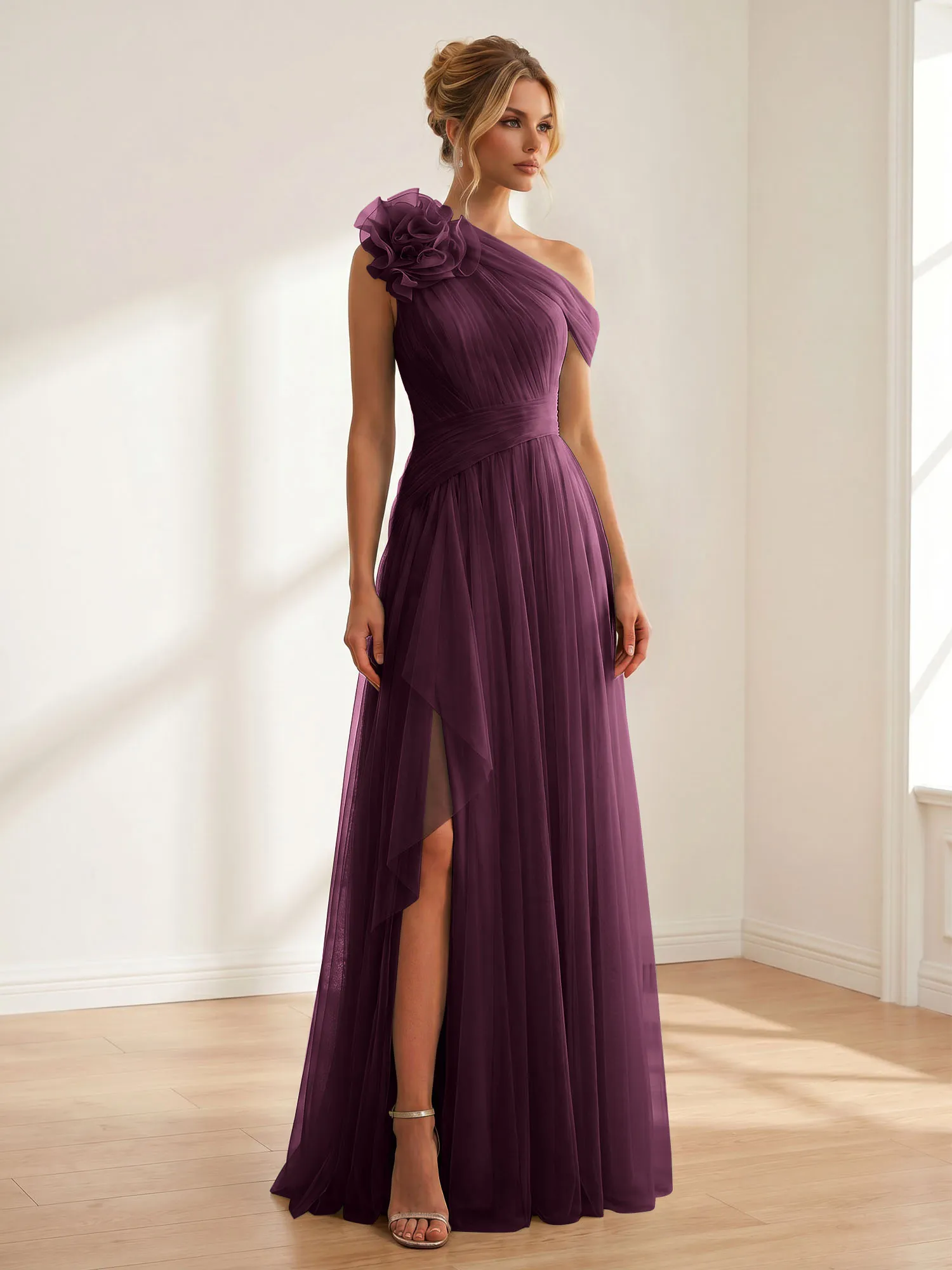 One-Shoulder Tulle Evening Gown with Floral Accent