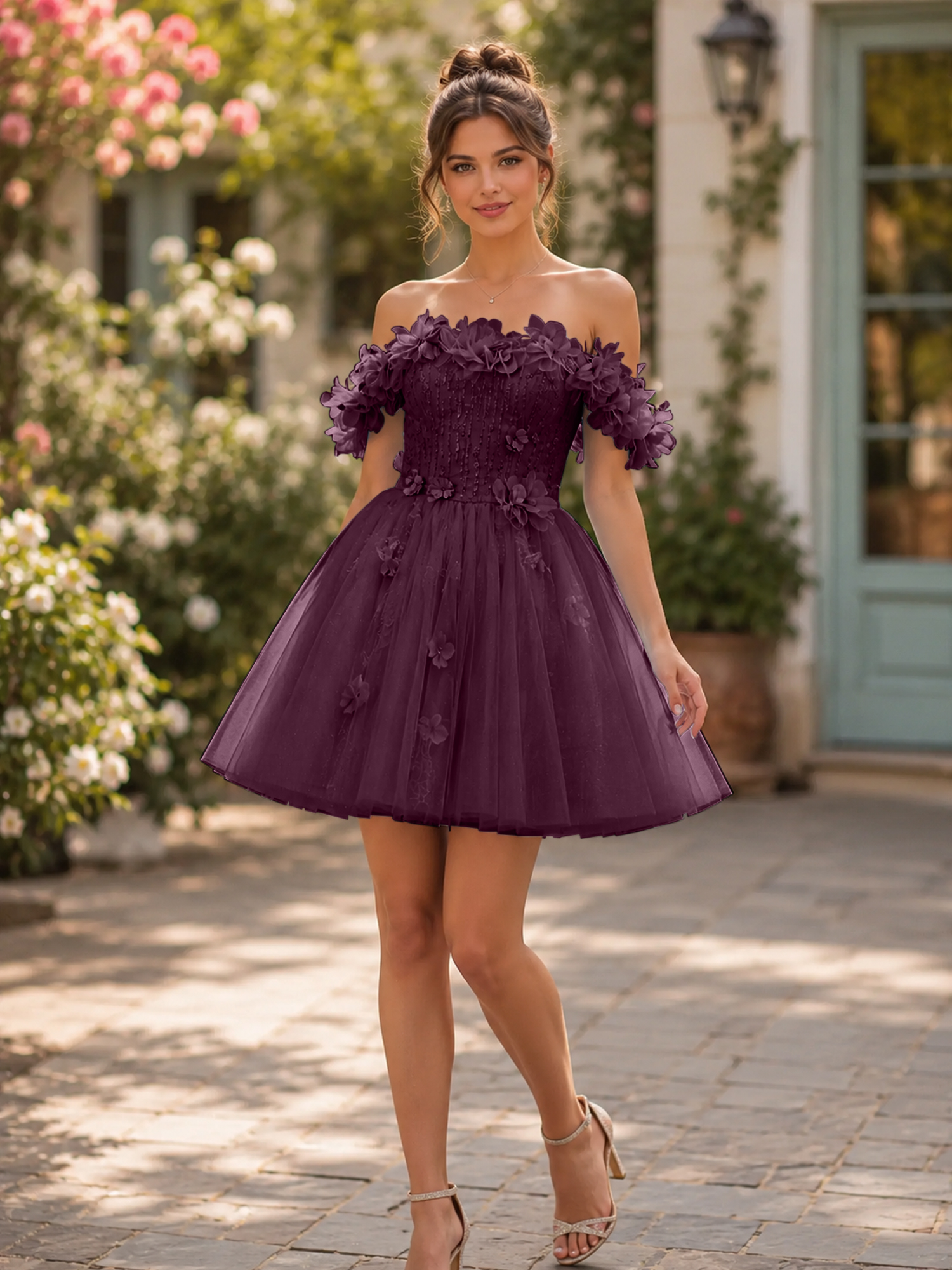 Enchanting Blue Floral Off-Shoulder Corset Homecoming Dress for a Fairytale Aesthetic 