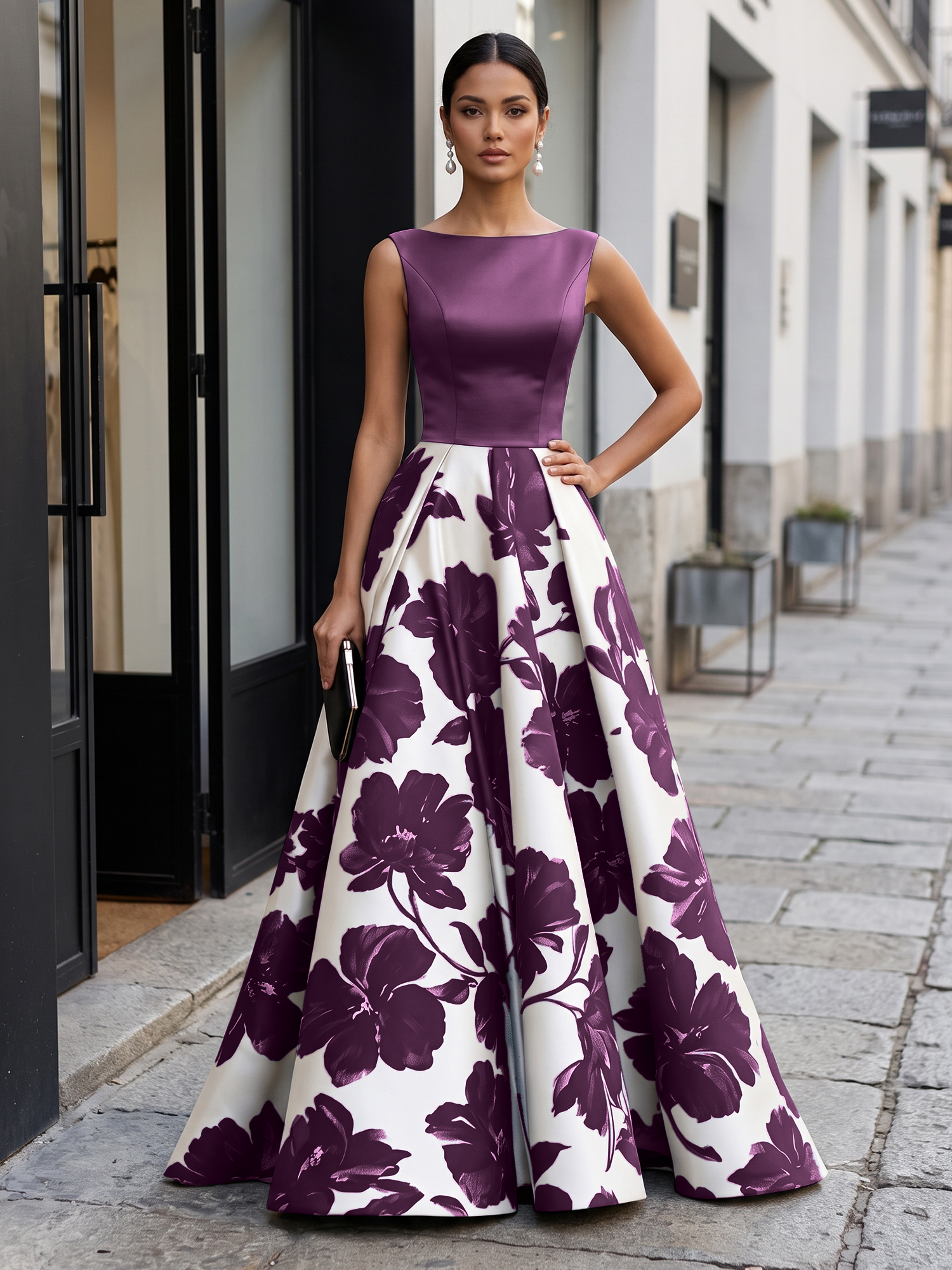 Black Timeless Monochrome Floral Statement Formal Evening Dress