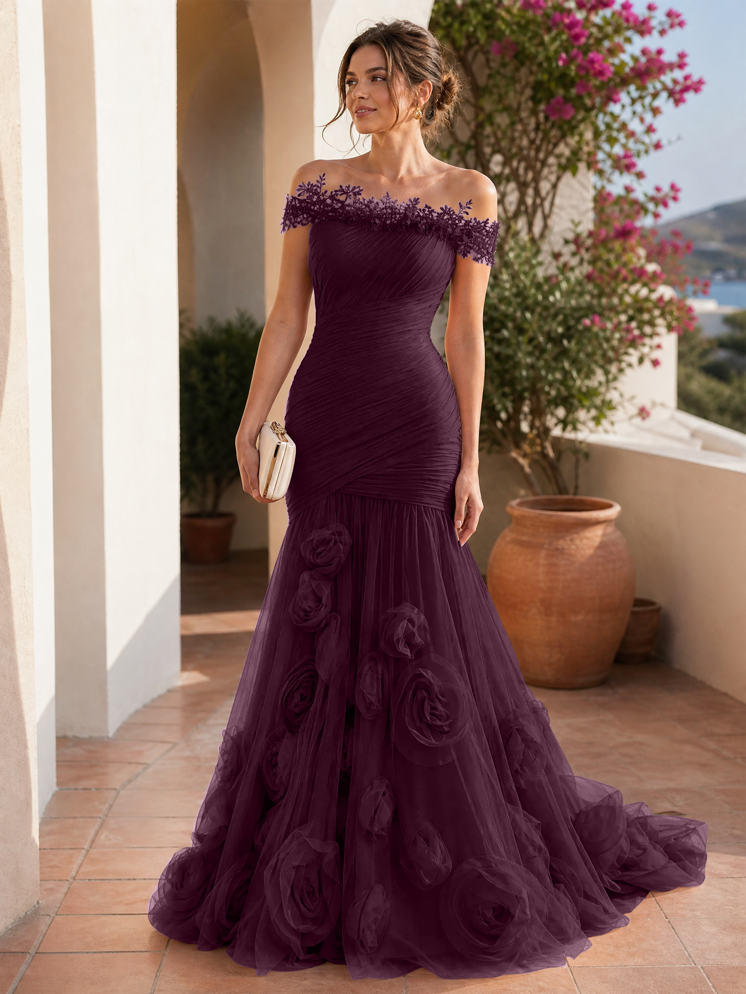 Romantic Blushing Rose Off-the-Shoulder Mermaid Formal Evening Dress 