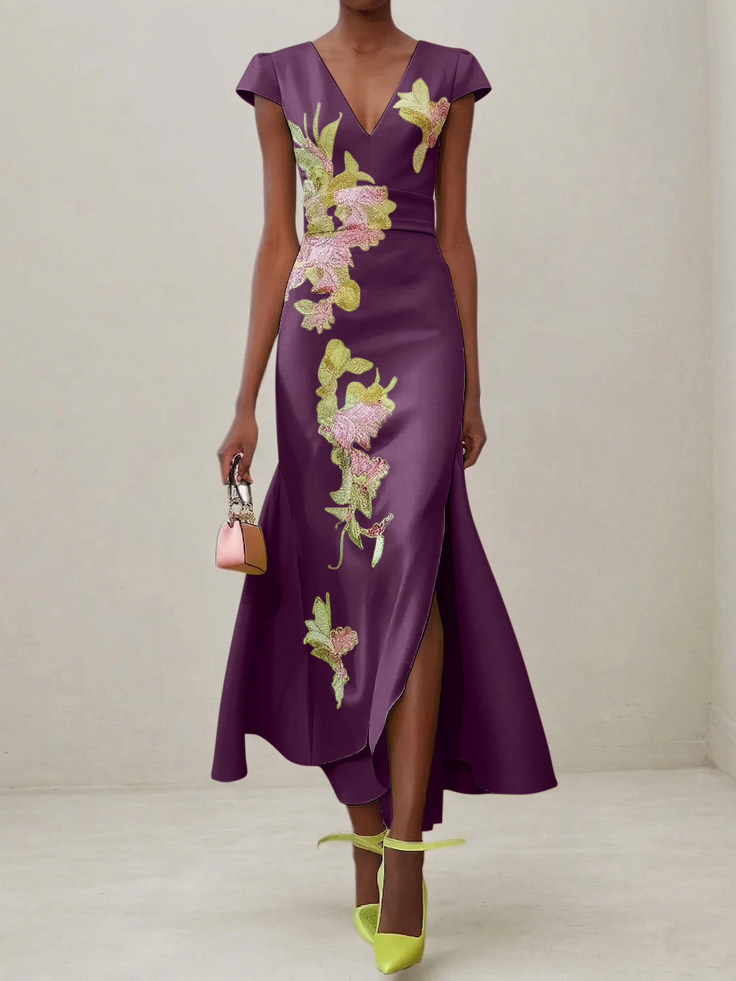Elegant V-Neck Cap Sleeve Satin Midi Gown with Floral Embroidery & High Slit