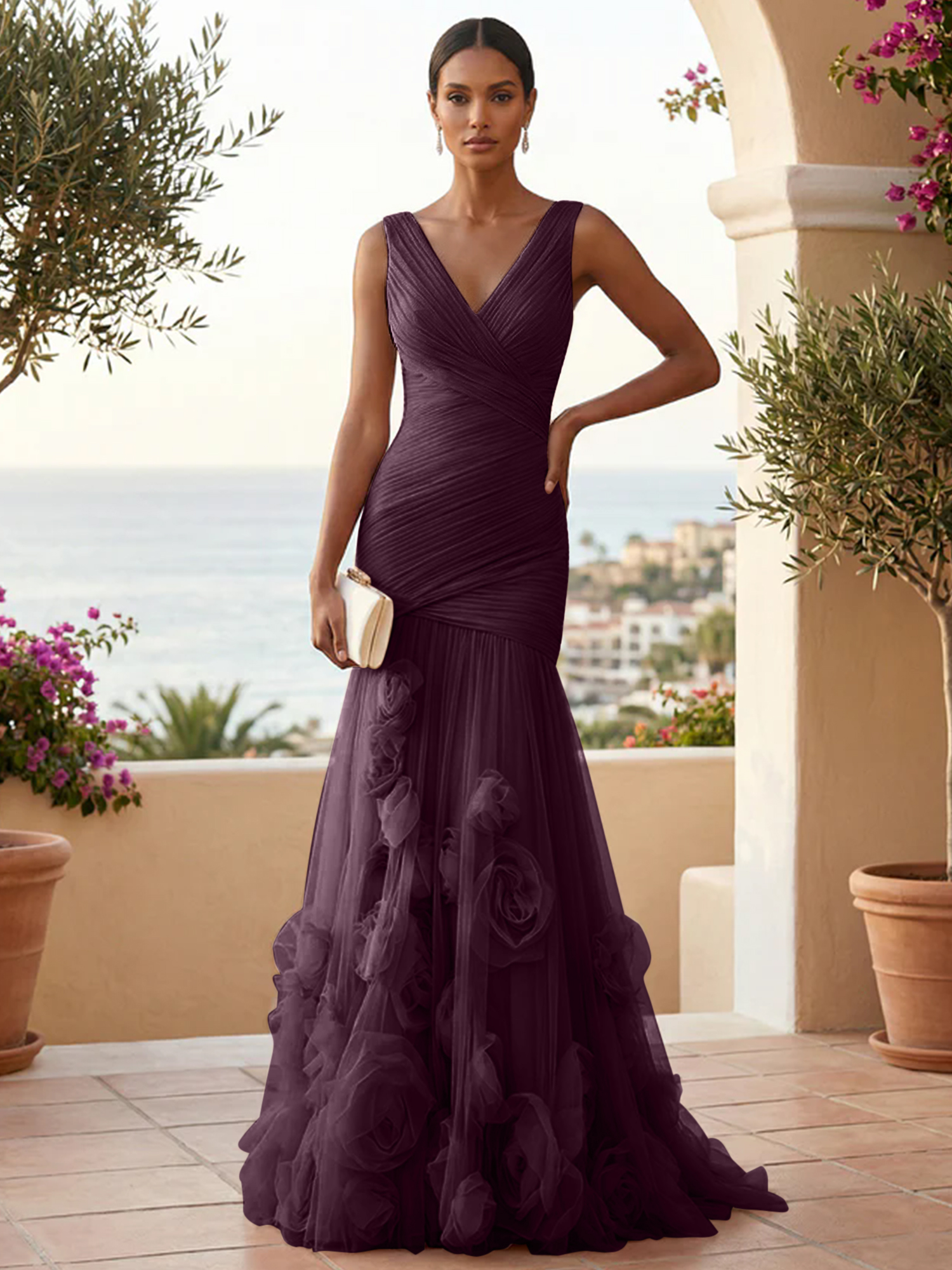 Sweetheart Tulle V Neck Pleat Mermaid Evening Dresses with 3D Flower