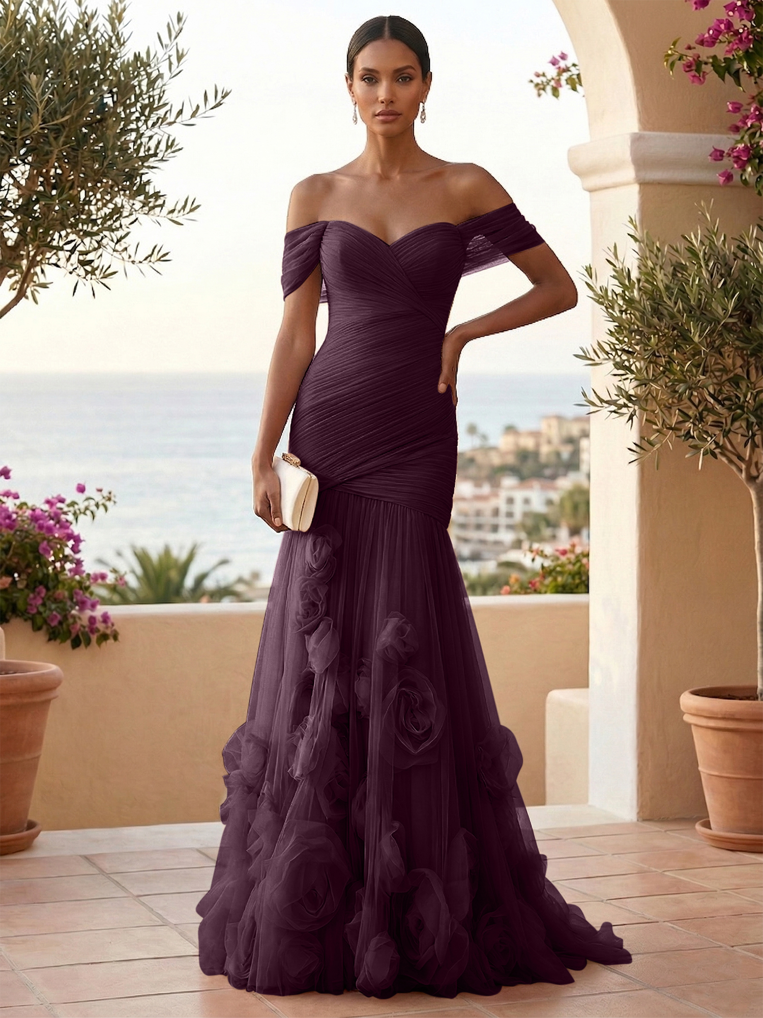 Sweetheart Tulle Off the Shoulder Pleat Mermaid Evening Dresses with 3D Flower