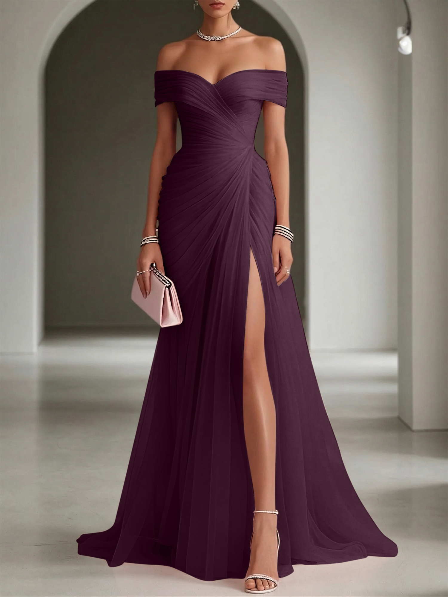 Blush Ruched Slit Tulle Off the Shoulder Sleeveless Sheath Gown Dress