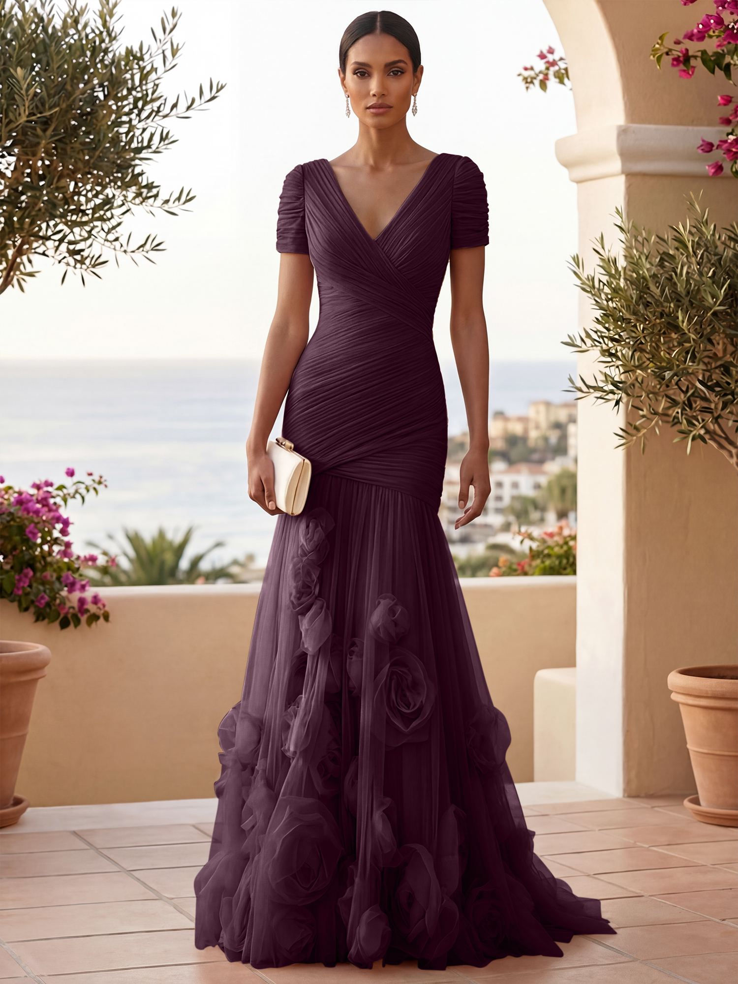Sweetheart Tulle Short Sleeves Pleat Mermaid Evening Dresses with 3D Flower