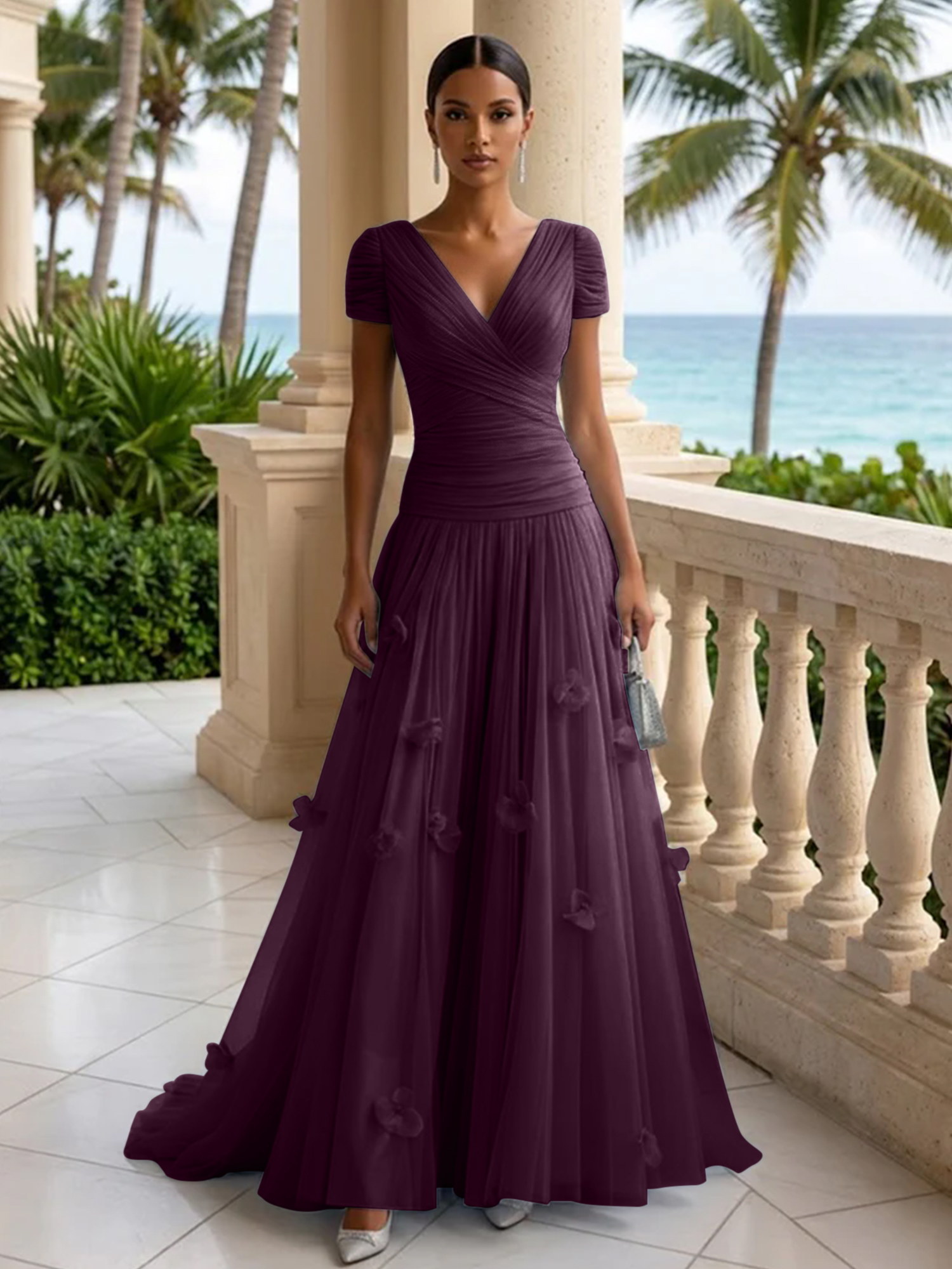 Elegant V-Neck Ruched Tulle A-Line Evening Gown with 3D Floral Appliqués