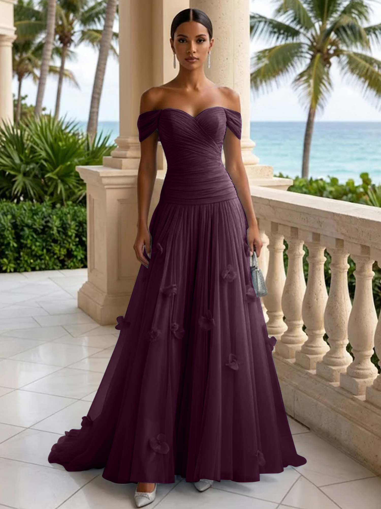Elegant Off-the-Shoulder Ruched Tulle A-Line Evening Gown with 3D Floral Appliqués