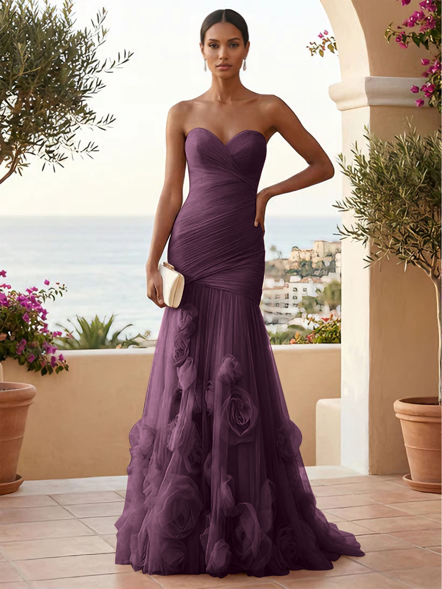 Sweetheart Tulle Pleat Mermaid Evening Dresses with 3D Flower