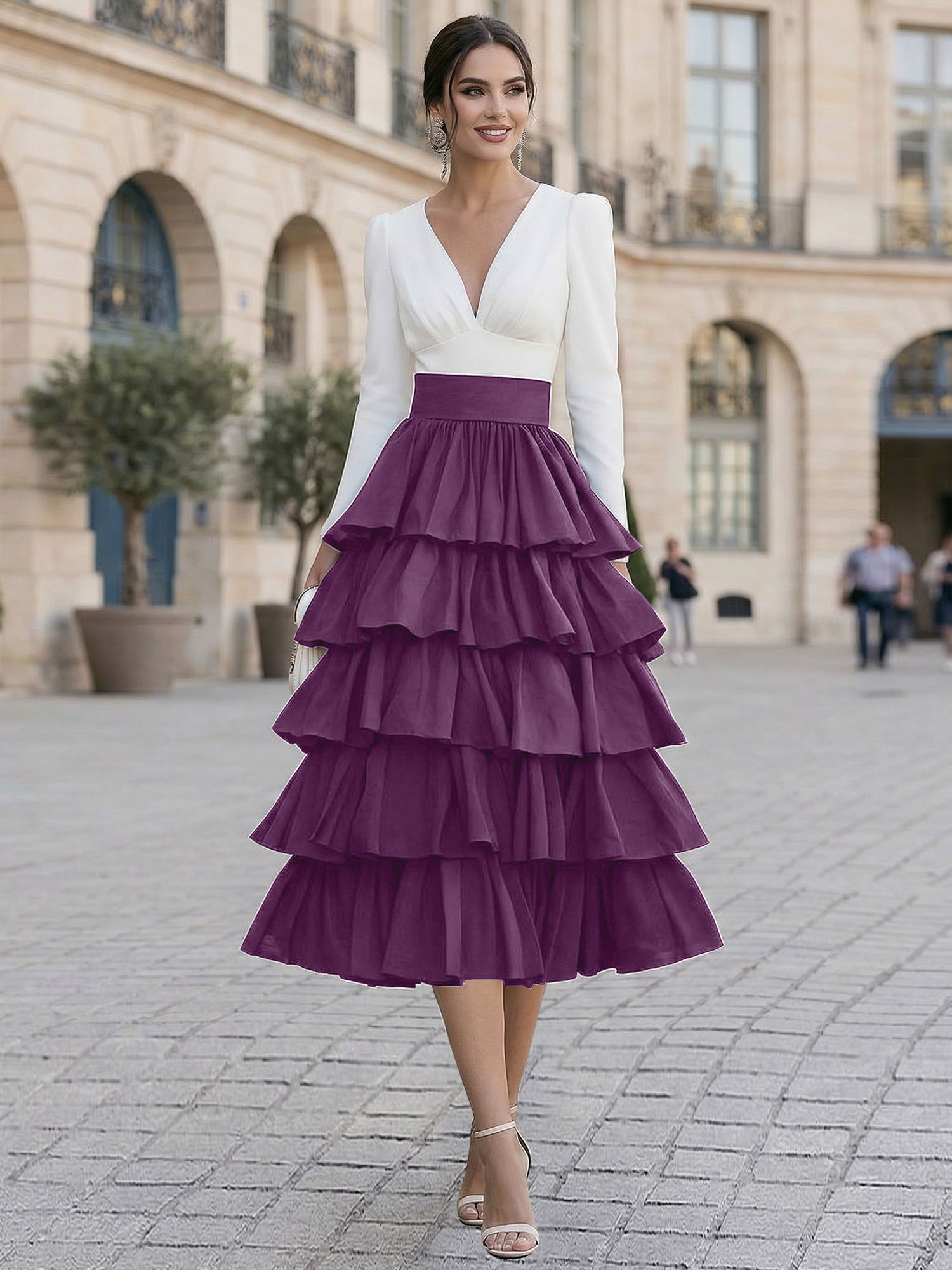 Elegant V-Neck Long Sleeve Tiered Ruffle Midi Dress with Contrast Waistband