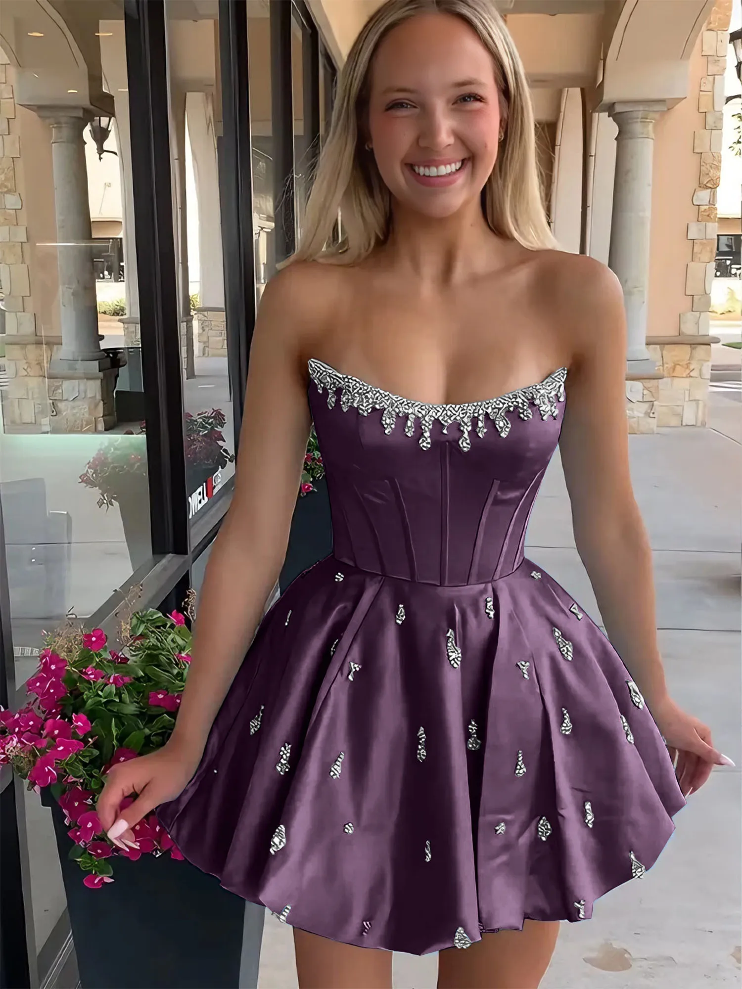 Strapless Beaded Corset Lace-Up Back Satin Homecoming Dress