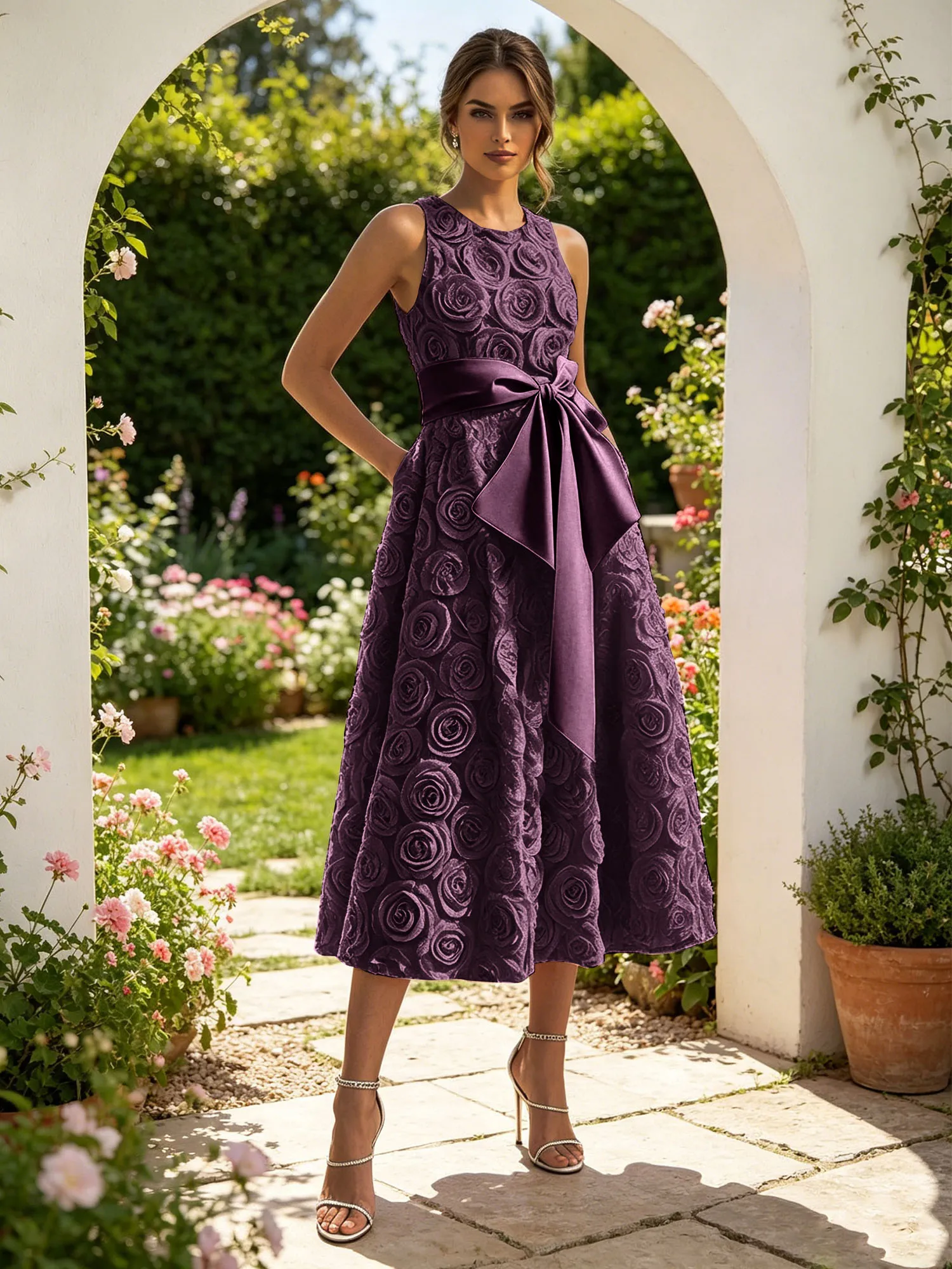 Sleeveless 3D Rose Midi Evening Dress with Satin Bow Sash