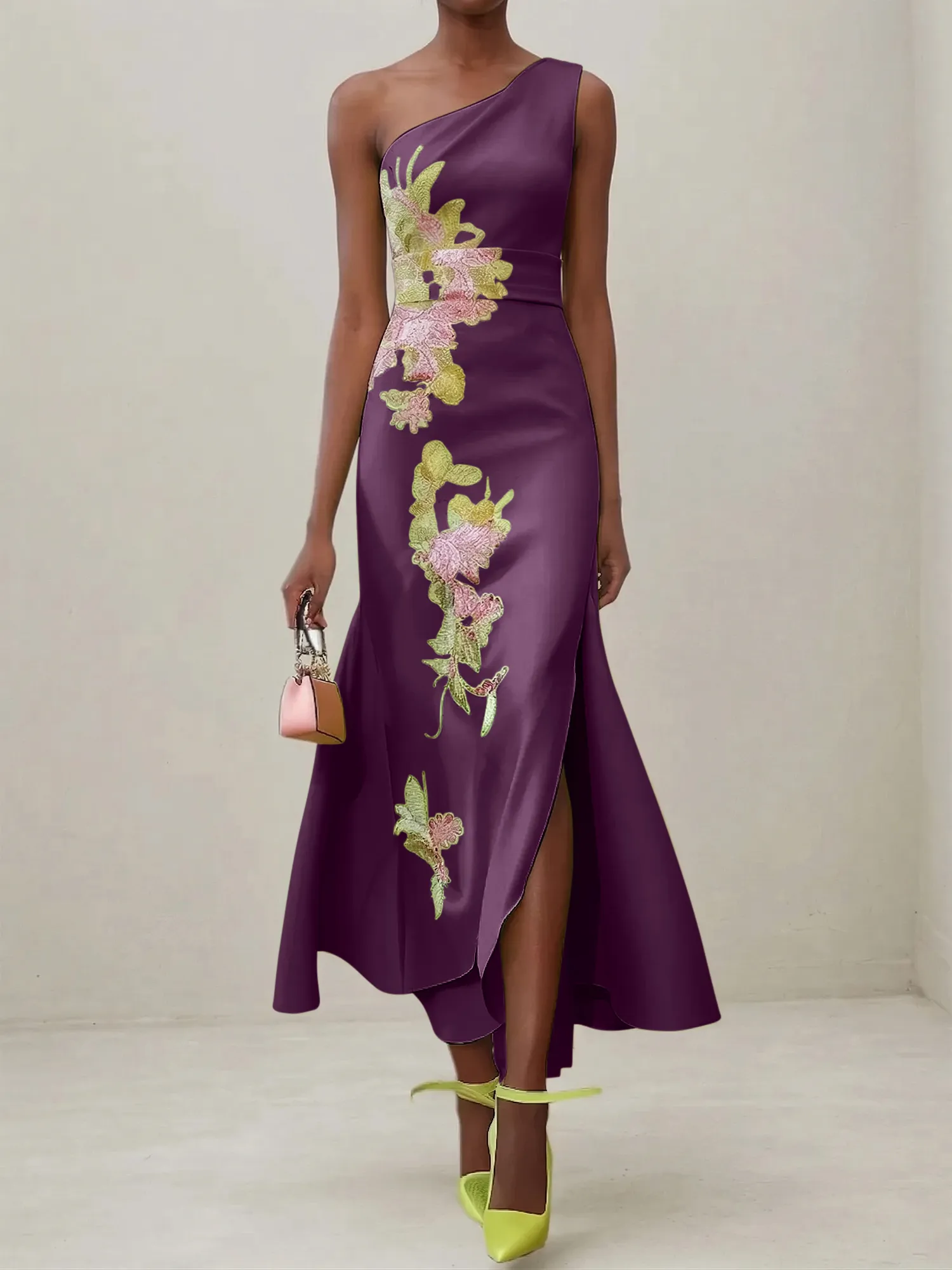 Elegant One Shoulder Cap Sleeve Satin Midi Gown with Floral Embroidery & High Slit
