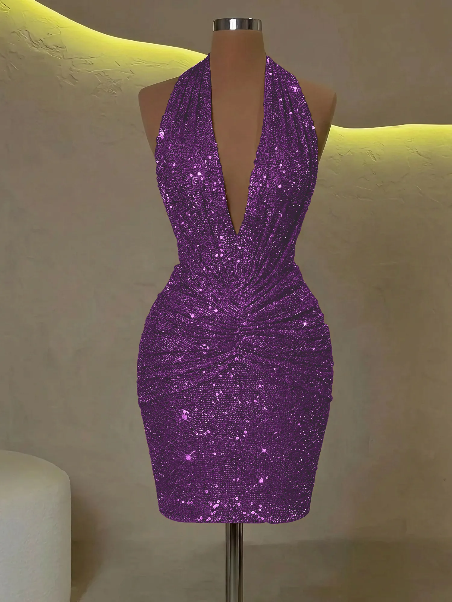 Sequin Halter Deep V-Neck Bodycon Homecoming Dress Mini Dress