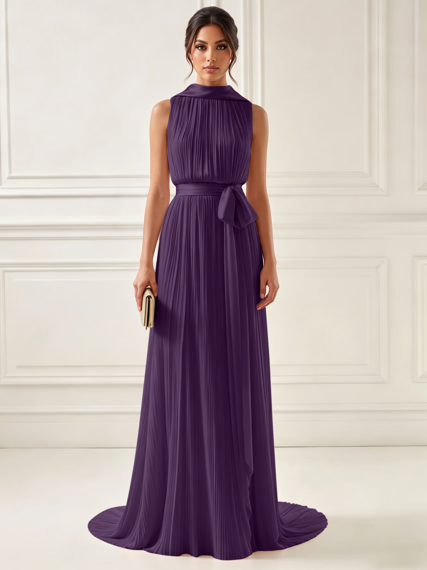 Ethereal Pleated Pastel Pink High Neck Maxi Formal Evening Dress with Satin Sash