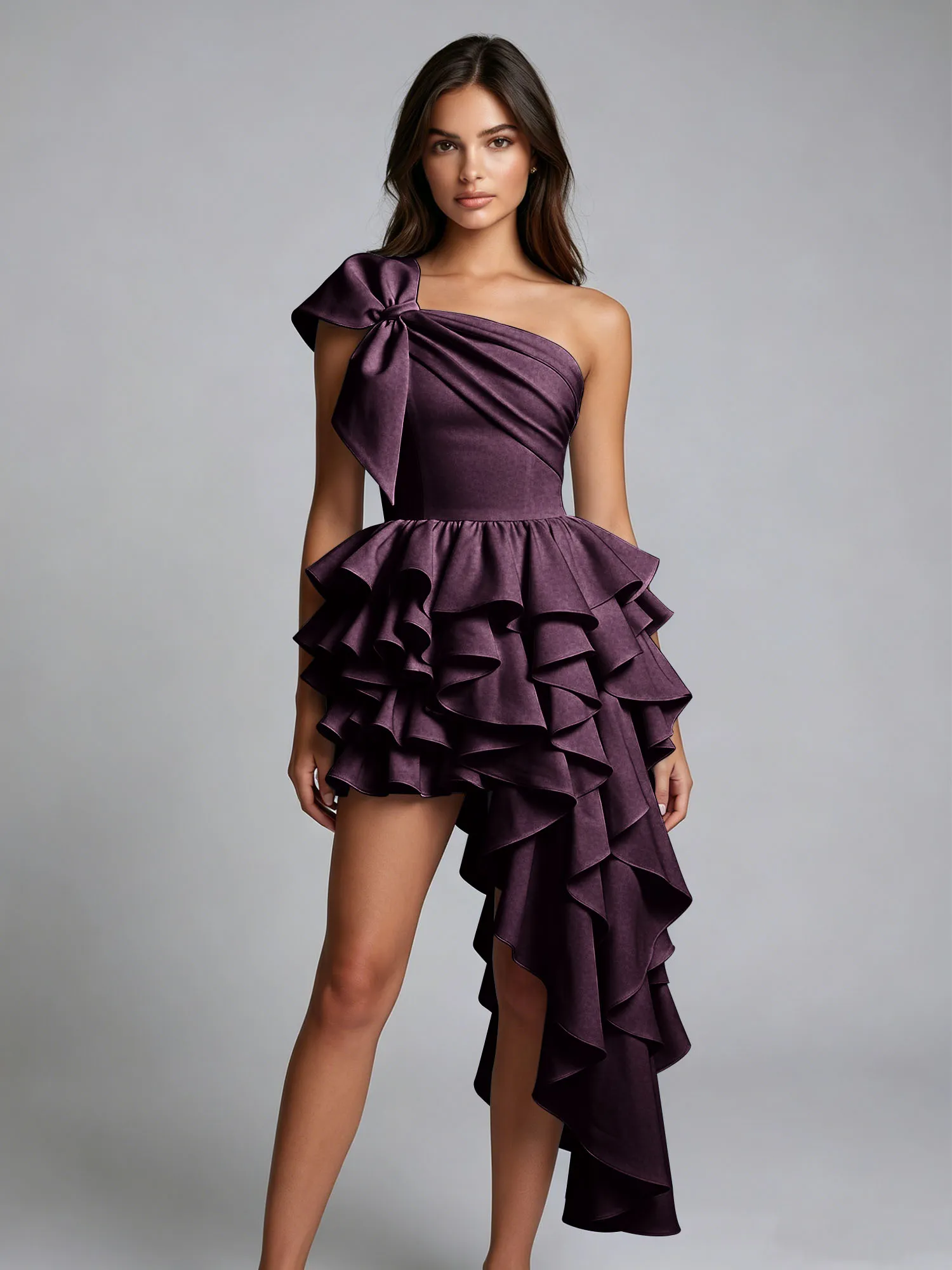 One-Shoulder Bow Tiered Ruffle Asymmetrical Homecoming Dress