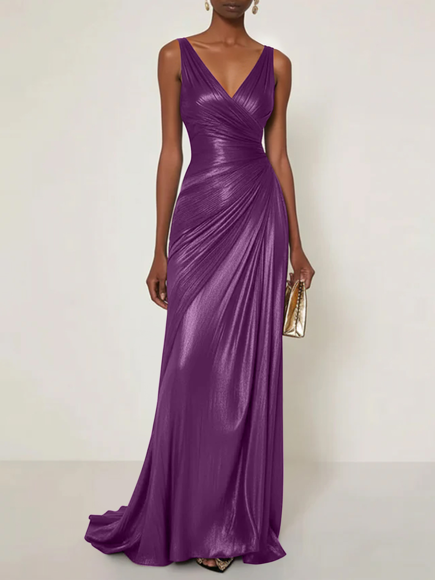 Evening Formal Dress V Neck Silk Ruffles Maxi Dress Gown