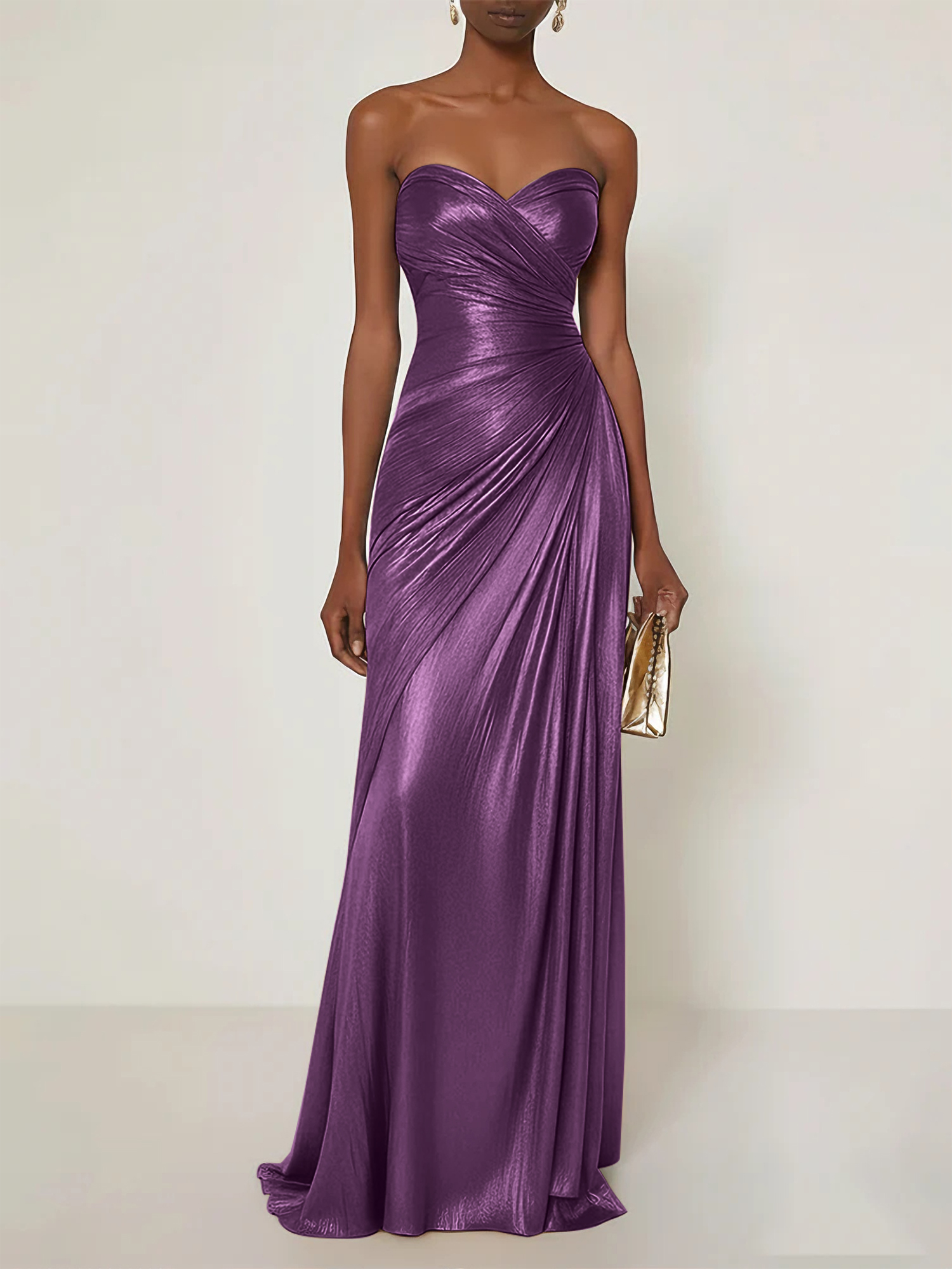 Evening Formal Dress V Neck Silk Ruffles Strapless Maxi Dress