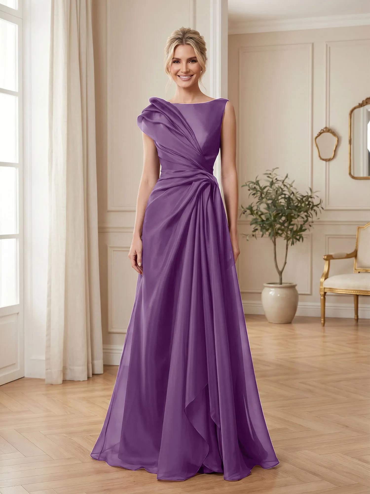 A Line Ruched Draped Tulle Evening Gown