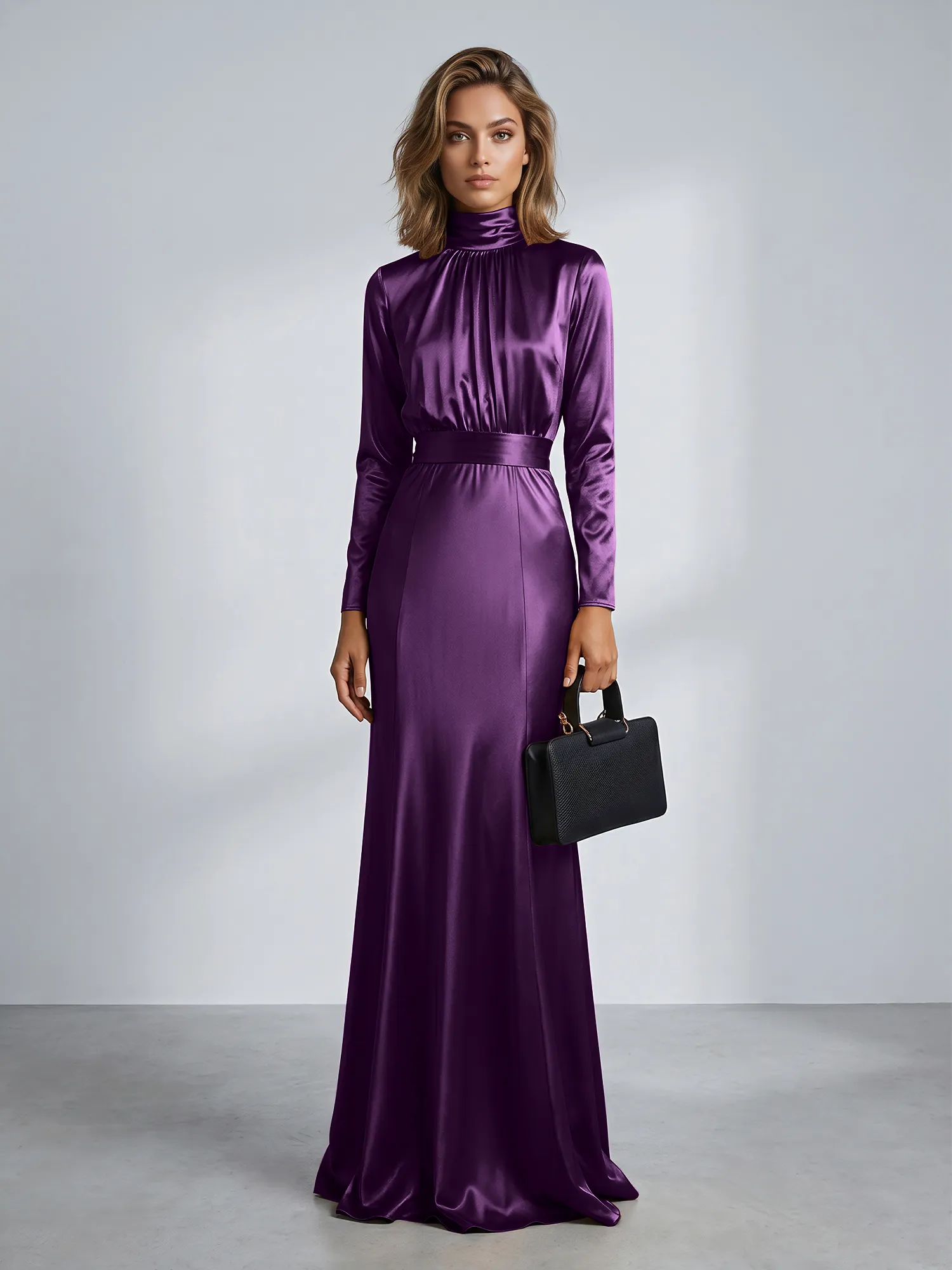 High Neck Long Sleeve Satin Mermaid Evening Gown with Waist Sash