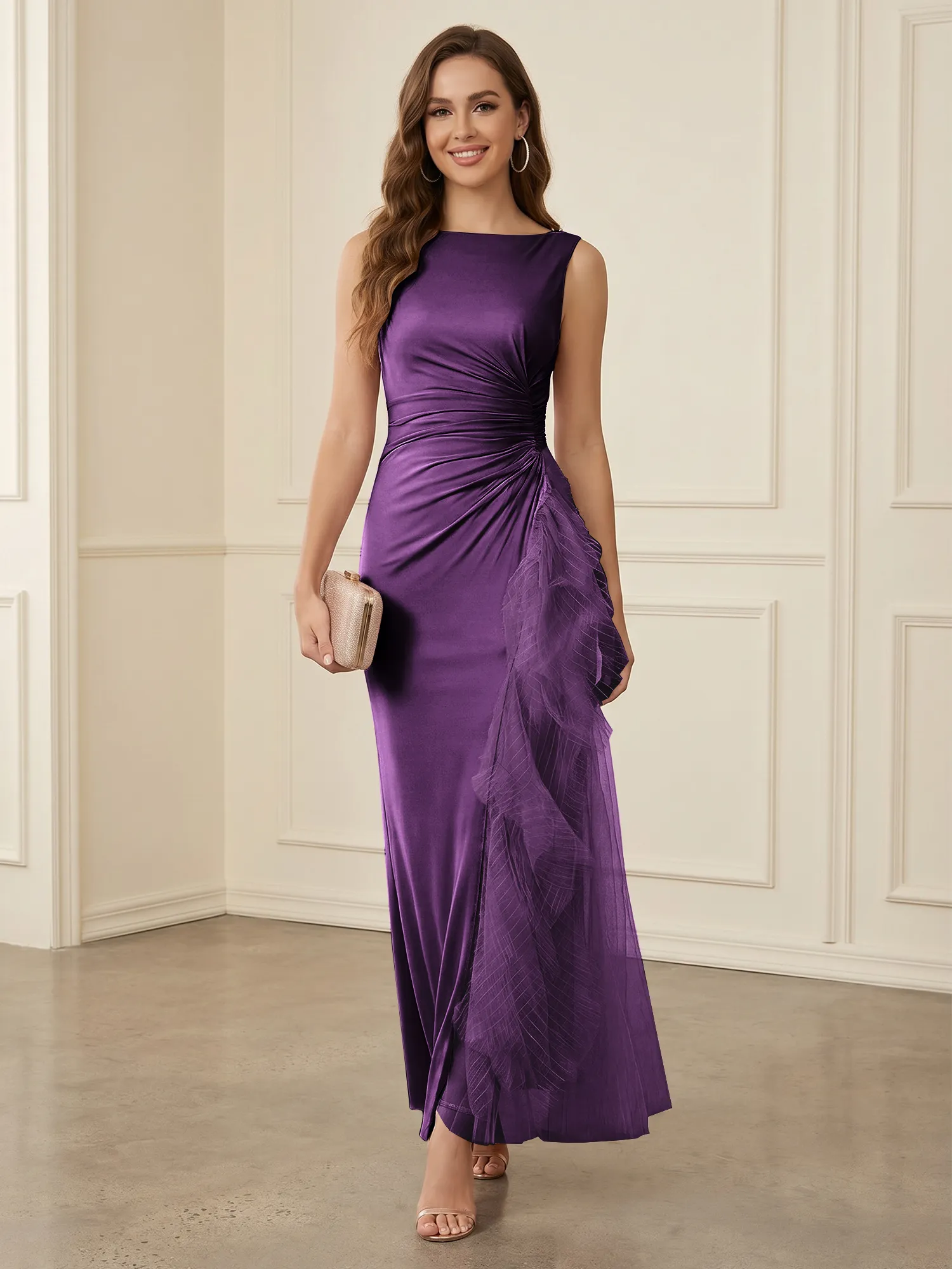 Sleeveless Ruched Sheath Evening Gown with Tulle Ruffle Detail