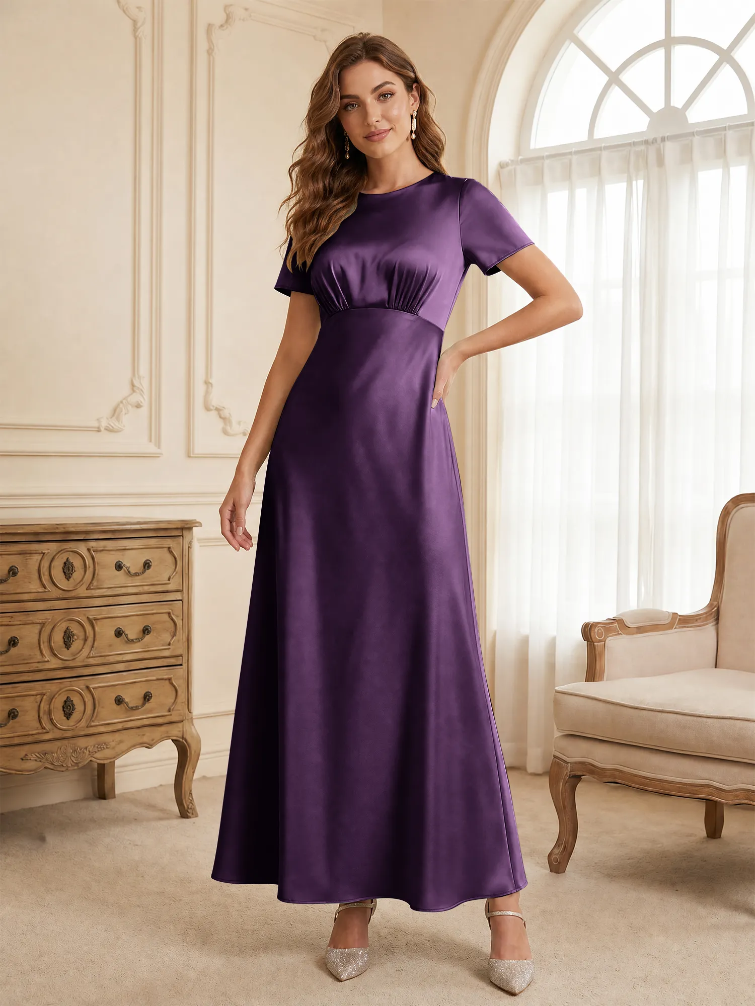 Round Neck Short Sleeve Satin Bridesmaid Dress