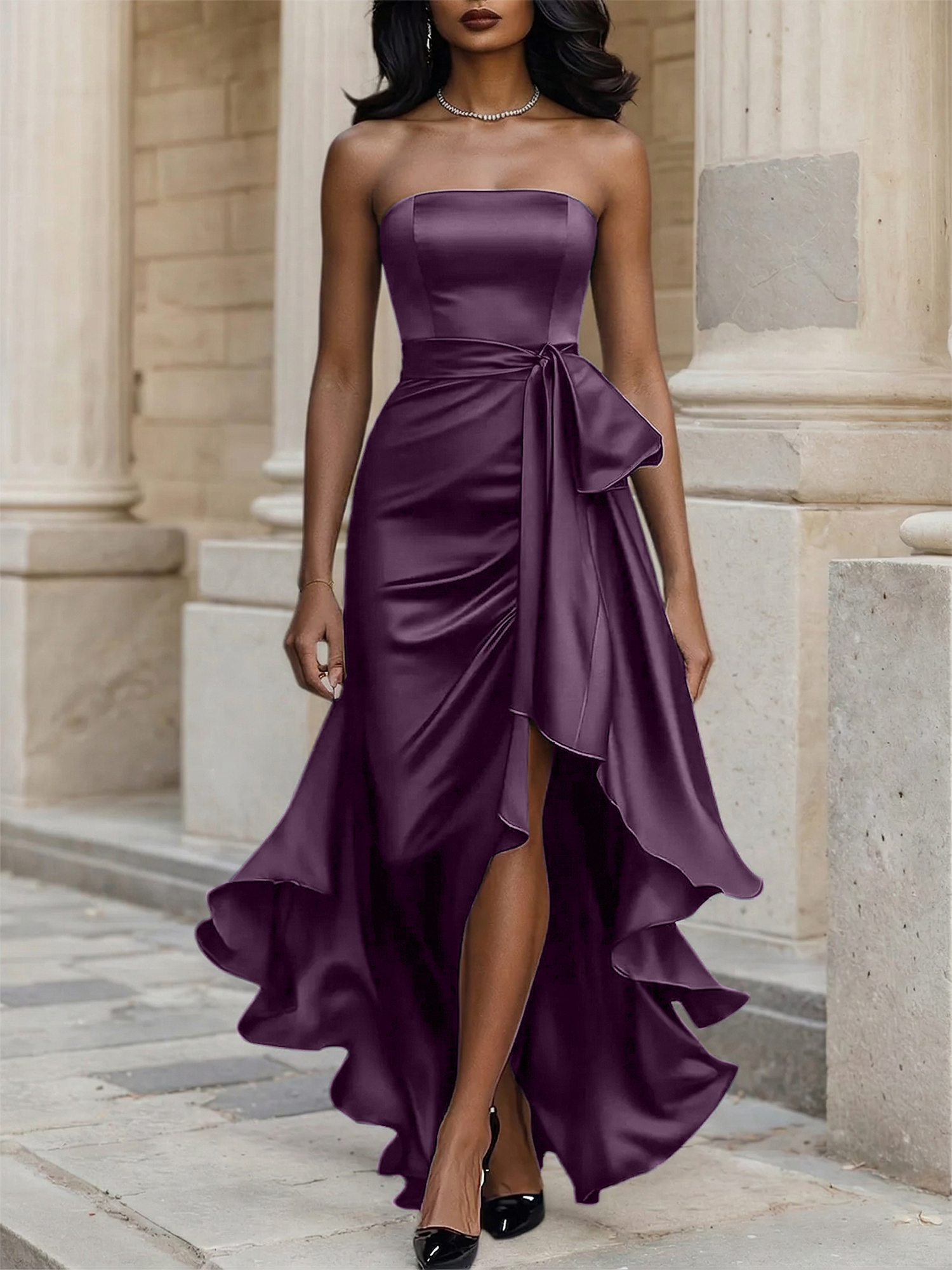 Glamorous Formal Dress Midnight Navy Strapless High-Low Satin Gown Midi Dress