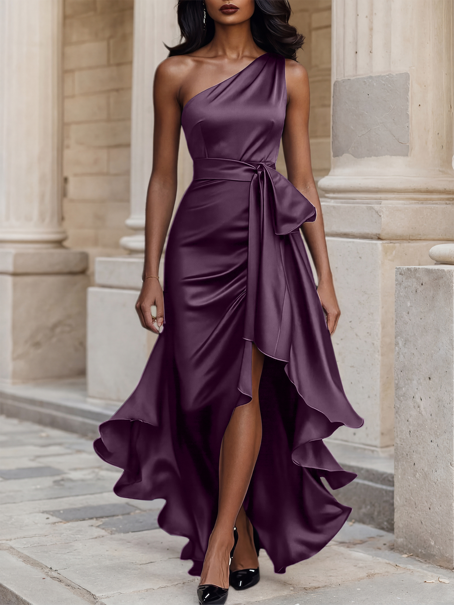 Glamorous Formal Dress Midnight Navy One Shoulder High-Low Satin Gown Midi Dress