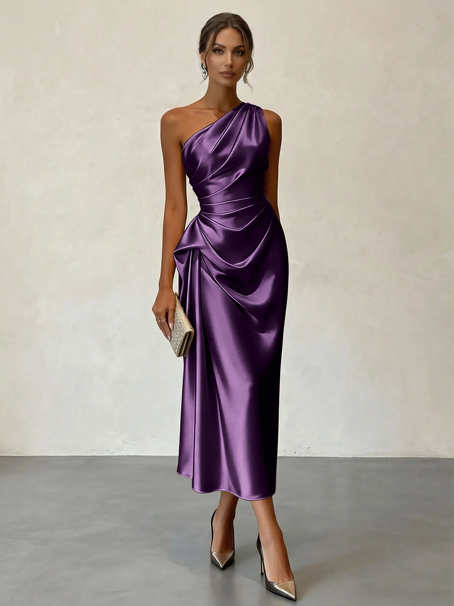One-Shoulder Ruched Satin Midi Evening Dress with Draped Detail