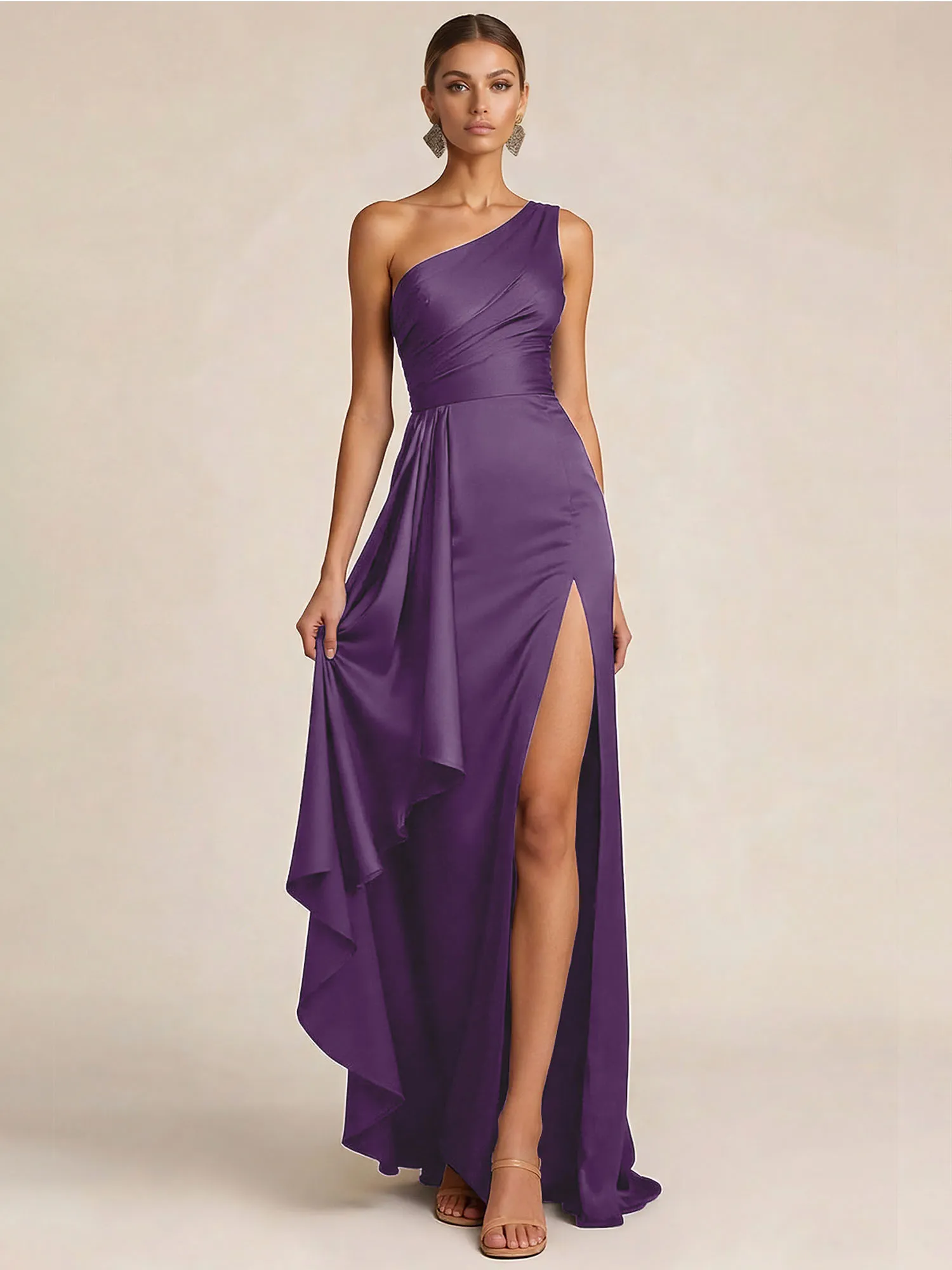 Sleek Foraml Evening Gown Midnight Navy One-Shoulder Satin Slit Maxi Dress