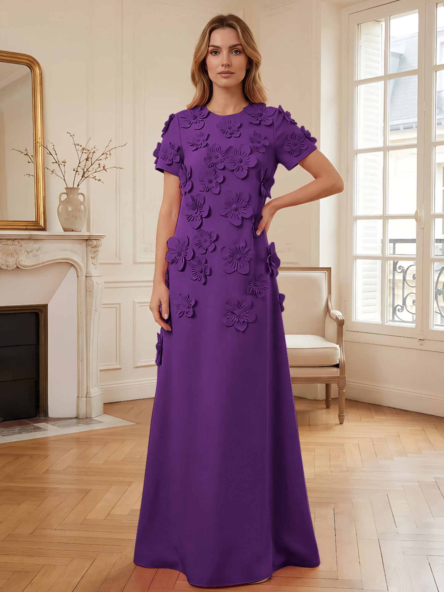3D Floral Applique Short-Sleeve Column Evening Gown