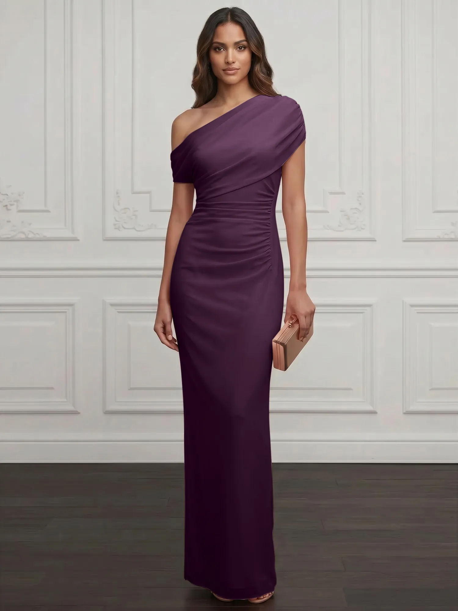 One-Shoulder Draped Chiffon Evening Gown