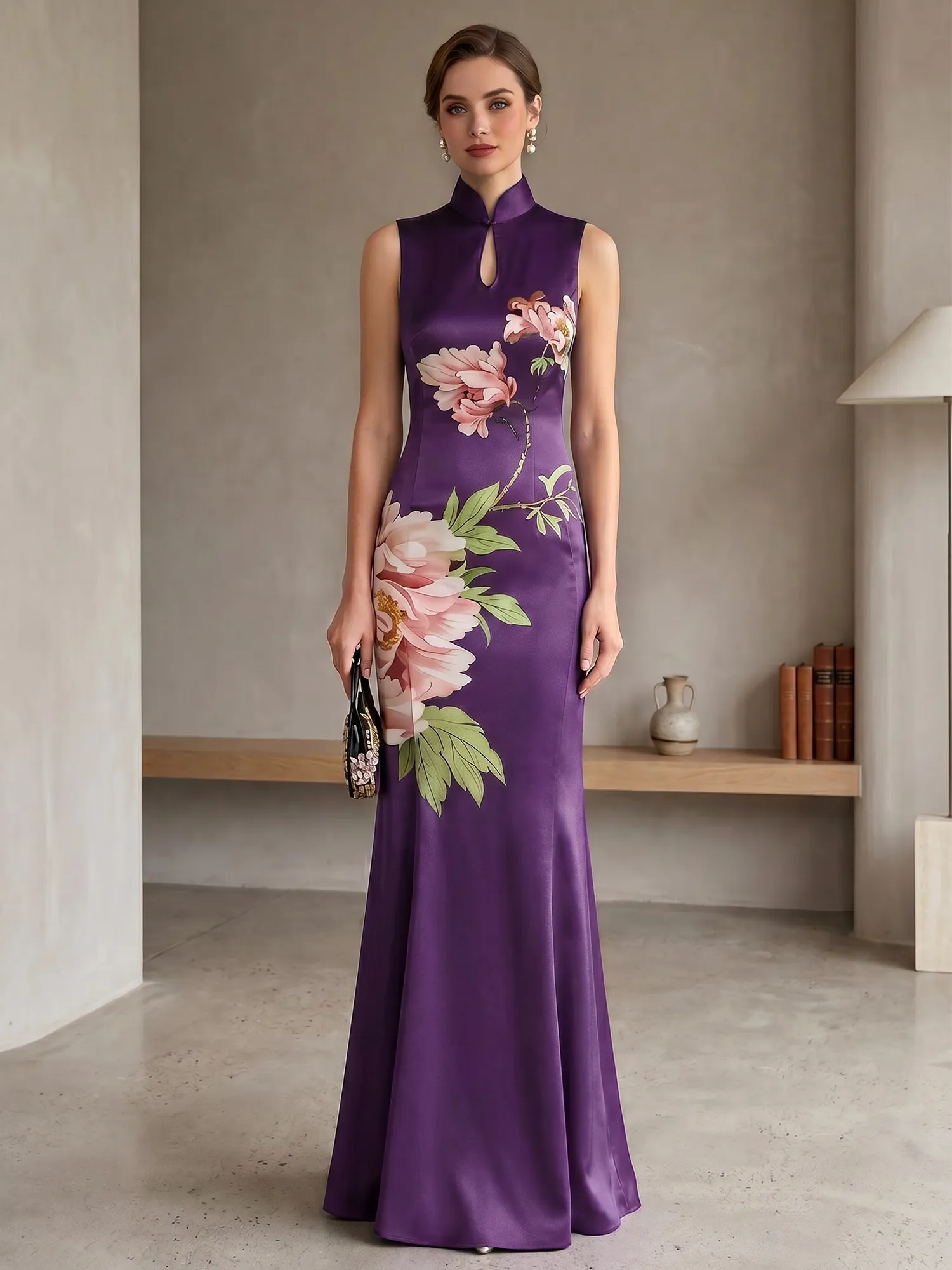 Satin Qipao-Inspired Floral Mermaid Evening Gown