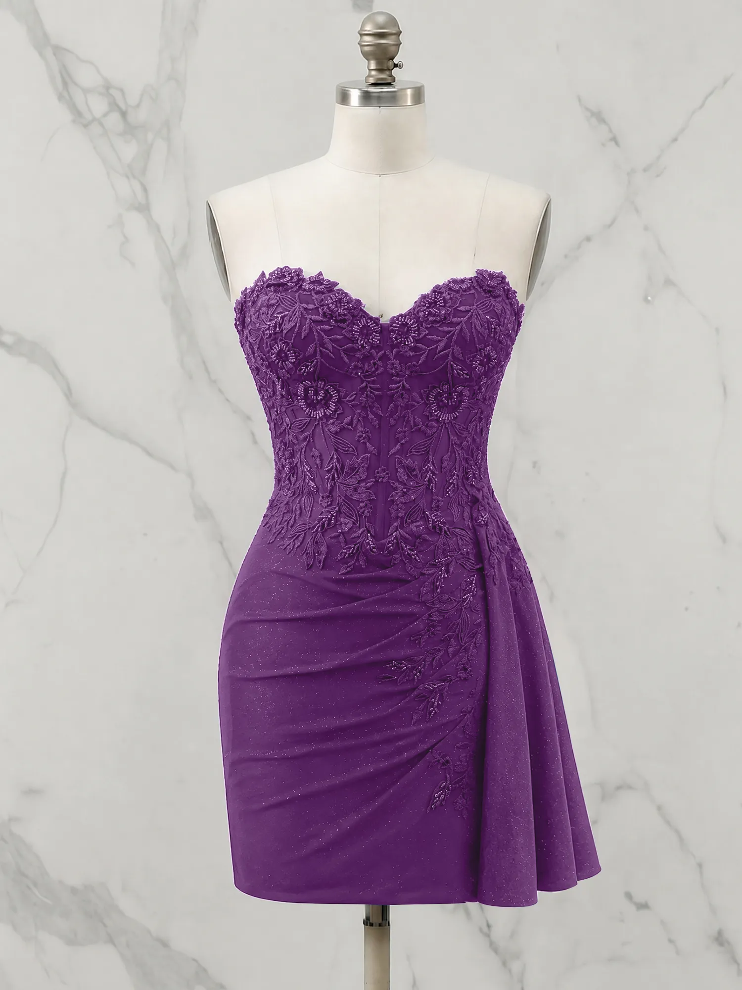 Strapless Lace Appliqué Glitter Homecoming Dress with Side Drape