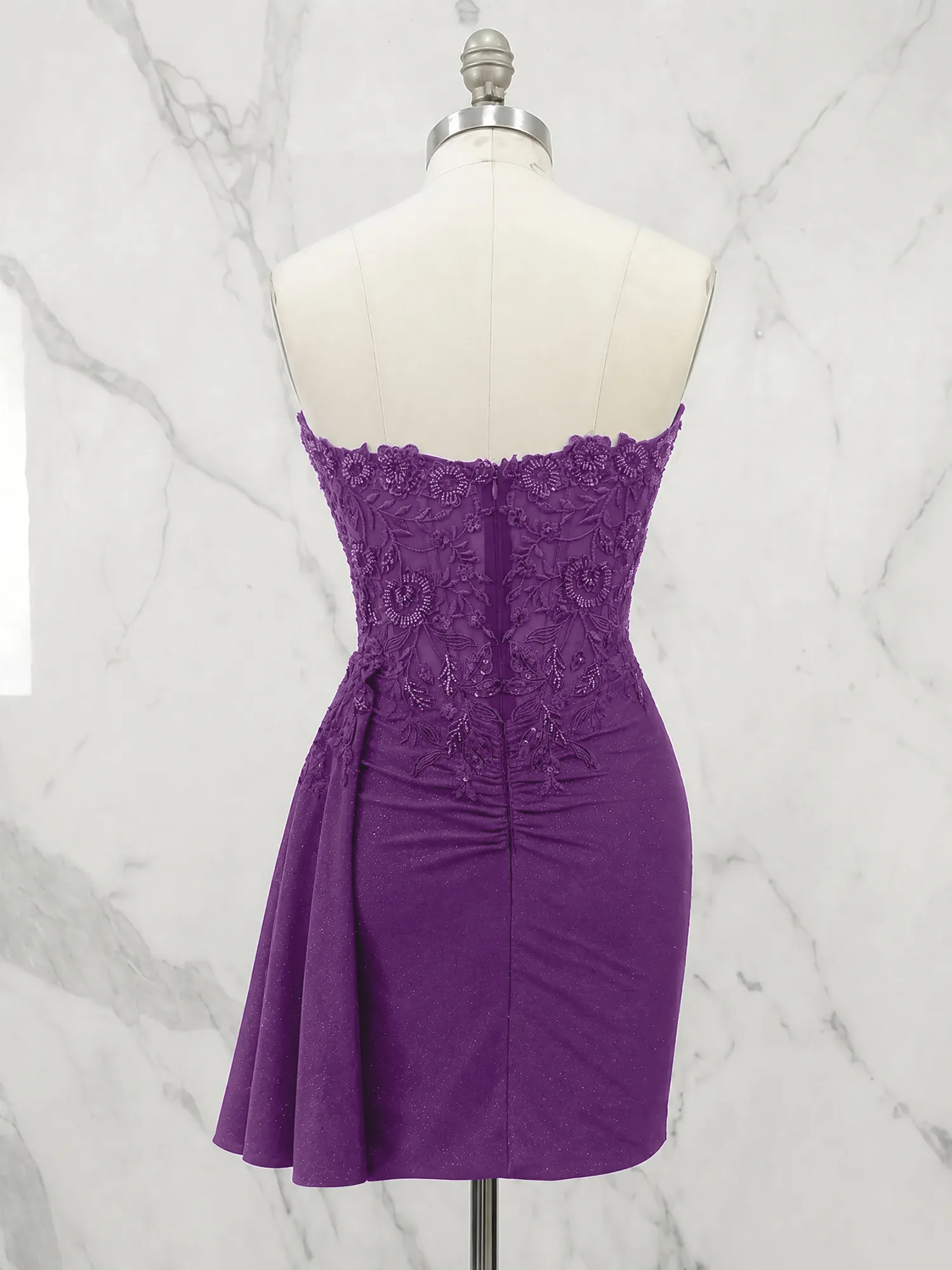 Strapless Lace Appliqué Glitter Homecoming Dress with Side Drape