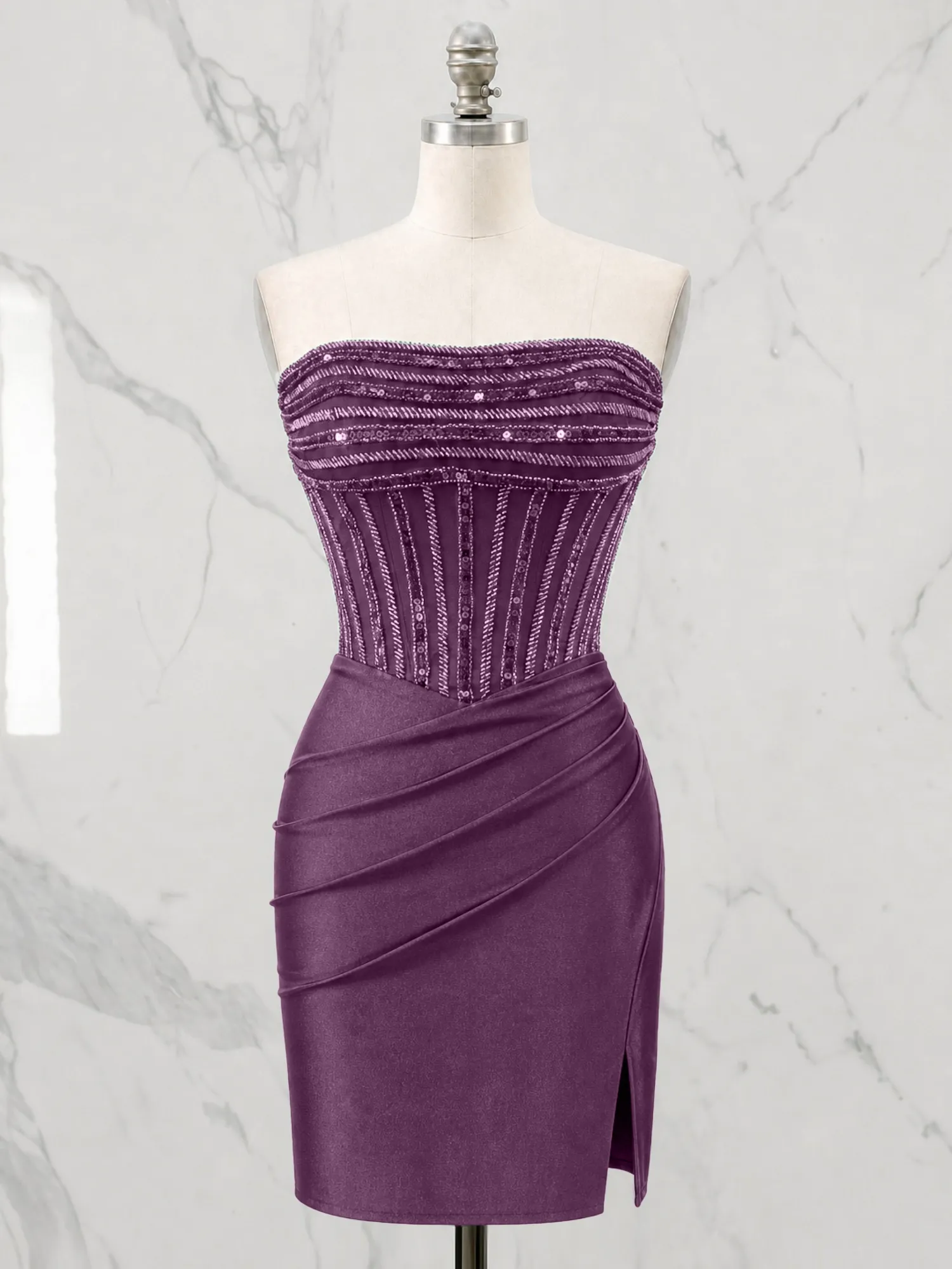 Strapless Beaded Corset Homecoming Dress with Ruched Skirt