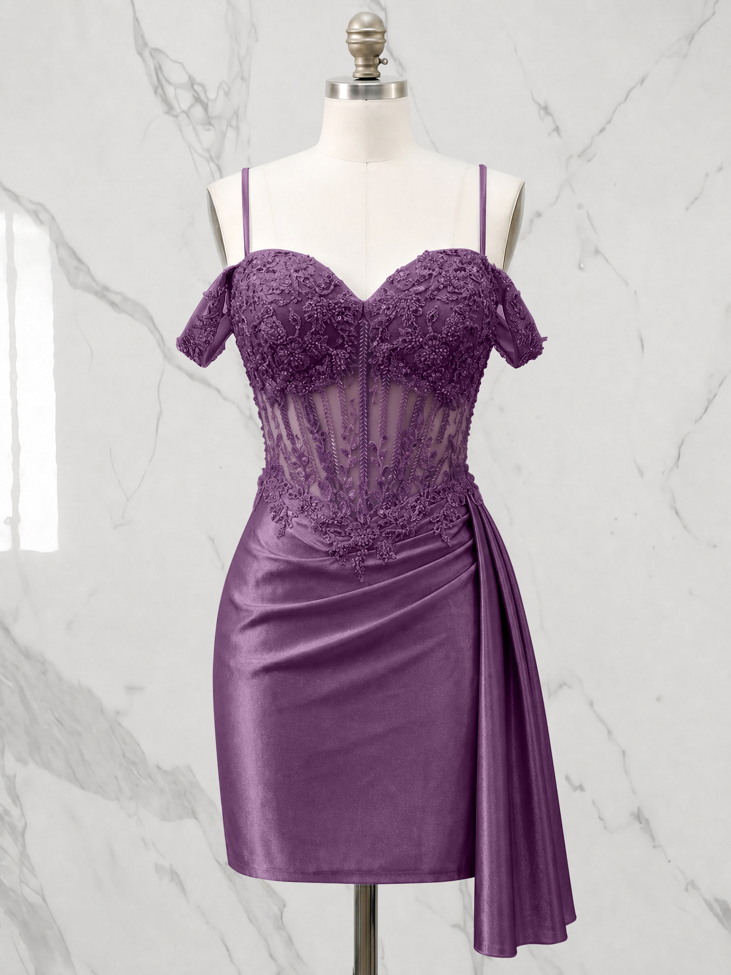 Off-the-Shoulder Lace Corset Homecoming Dress with Side Drape